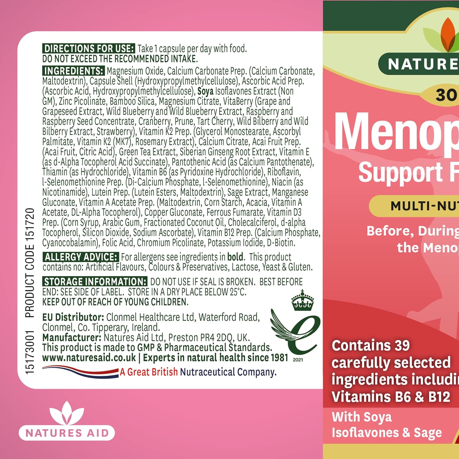 Menopause Support Formula 30 Capsules - Eco Natural Products - Natures Aid - Food Supplements