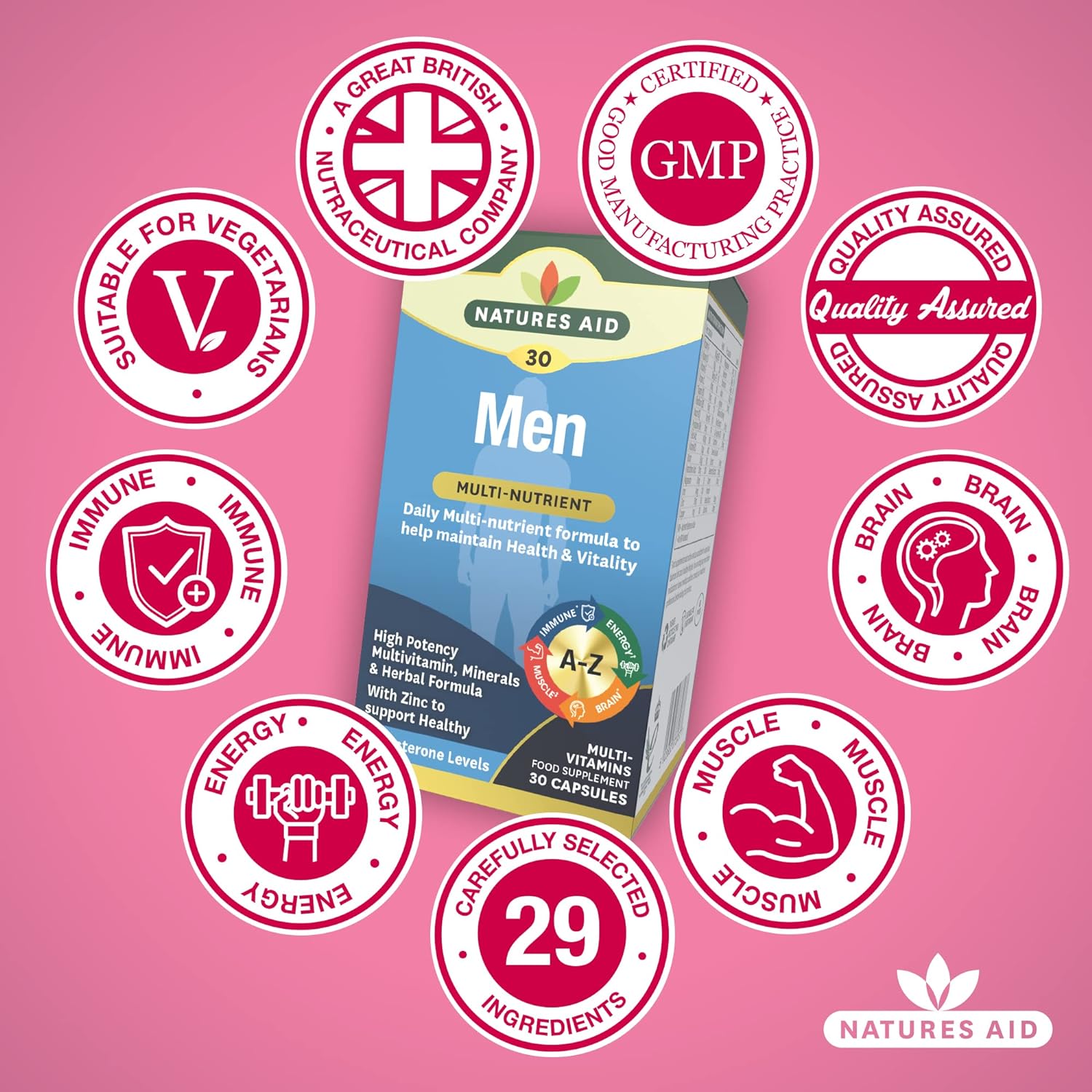 Men's Multi - Vitamins & Minerals 30 Capsules - Natures Aid - Vitamins & Supplements - Eco Natural Products