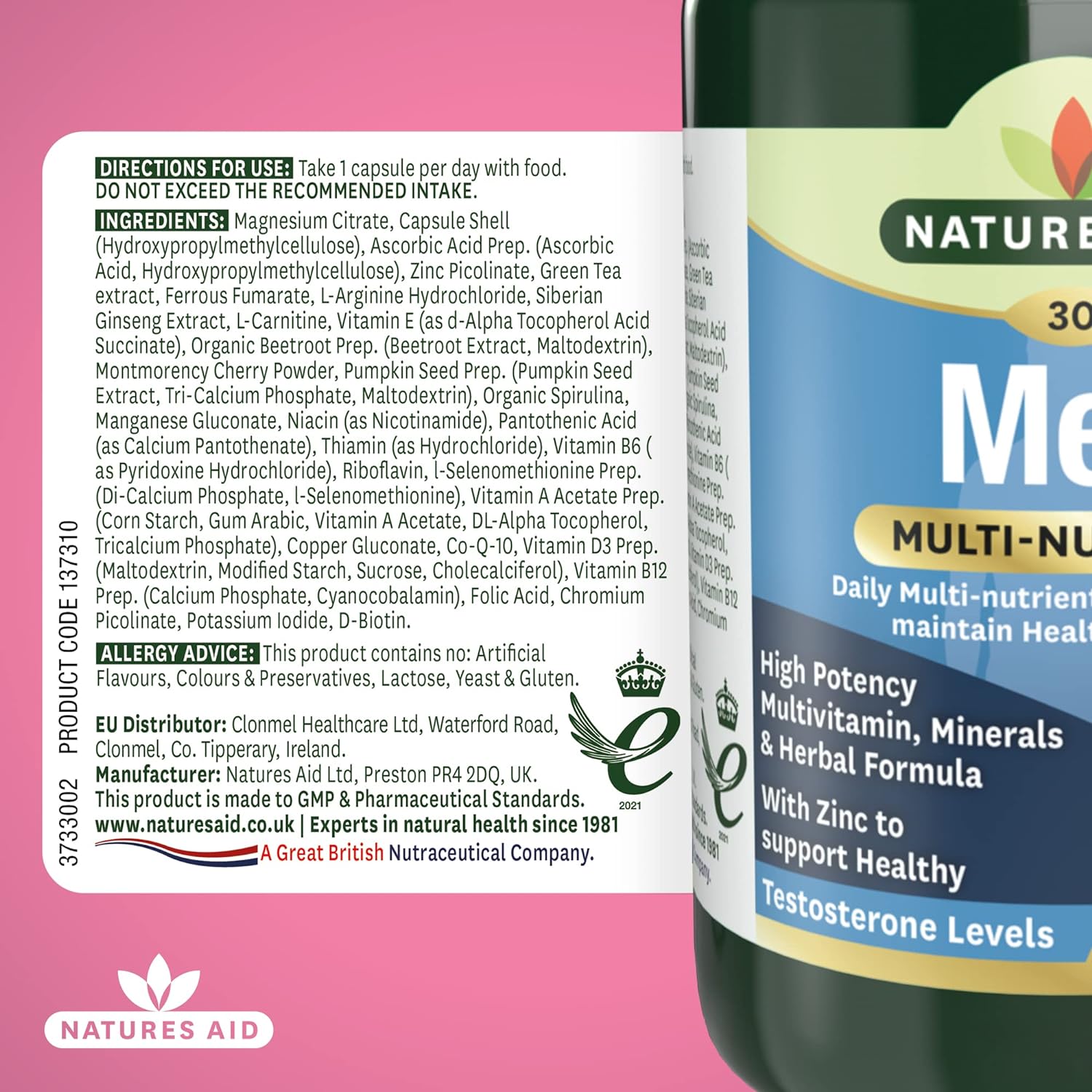 Men's Multi - Vitamins & Minerals 30 Capsules - Eco Natural Products - Natures Aid - Vitamins & Supplements