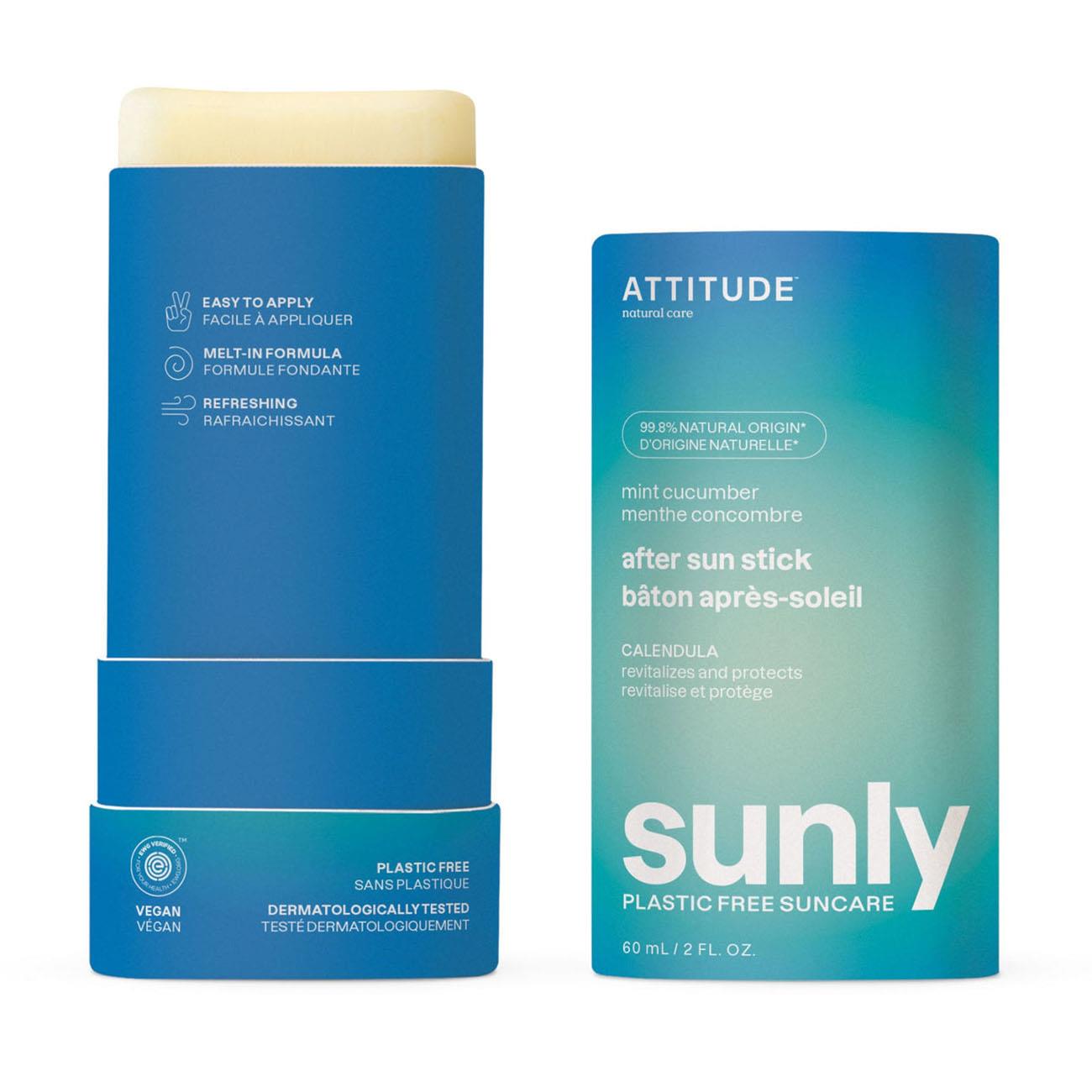 Attitude Sunly After Sun Stick – Mint & Cucumber in opened biodegradable packaging