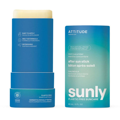 Attitude Sunly After Sun Stick – Mint & Cucumber in opened biodegradable packaging