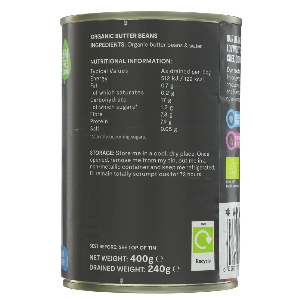 Mr Organic Butter Beans Tin 400g side 2 packaging