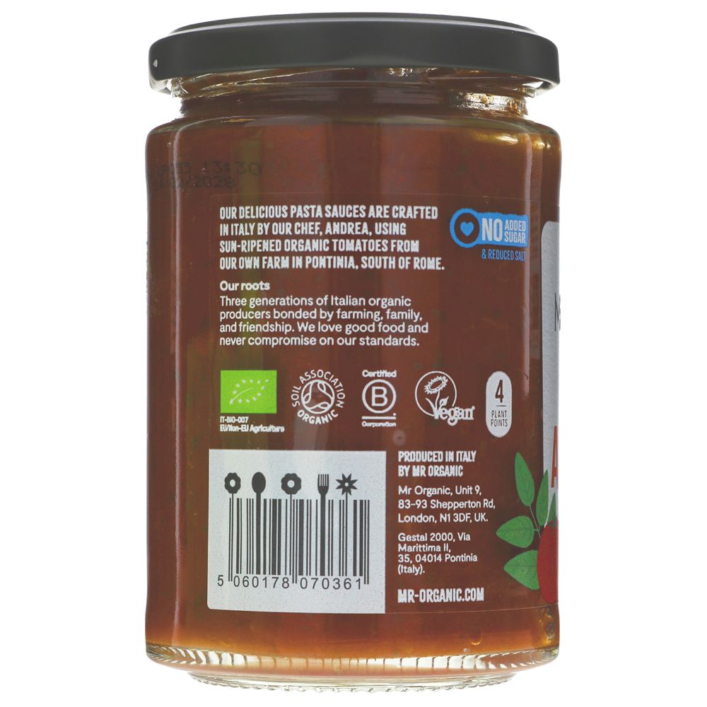 Mr Organic Chilli Arrabbiata Pasta Sauce 350g side 1 packaging