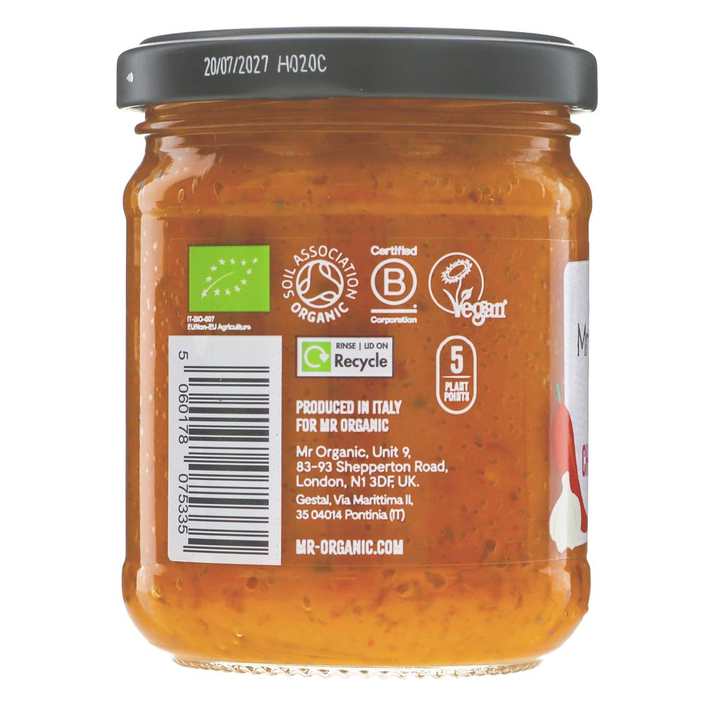 Mr Organic Chilli and Garlic Vegan Pesto 130g side 1 packaging