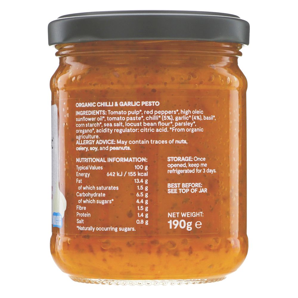 Mr Organic Chilli and Garlic Vegan Pesto 130g side 2 packaging