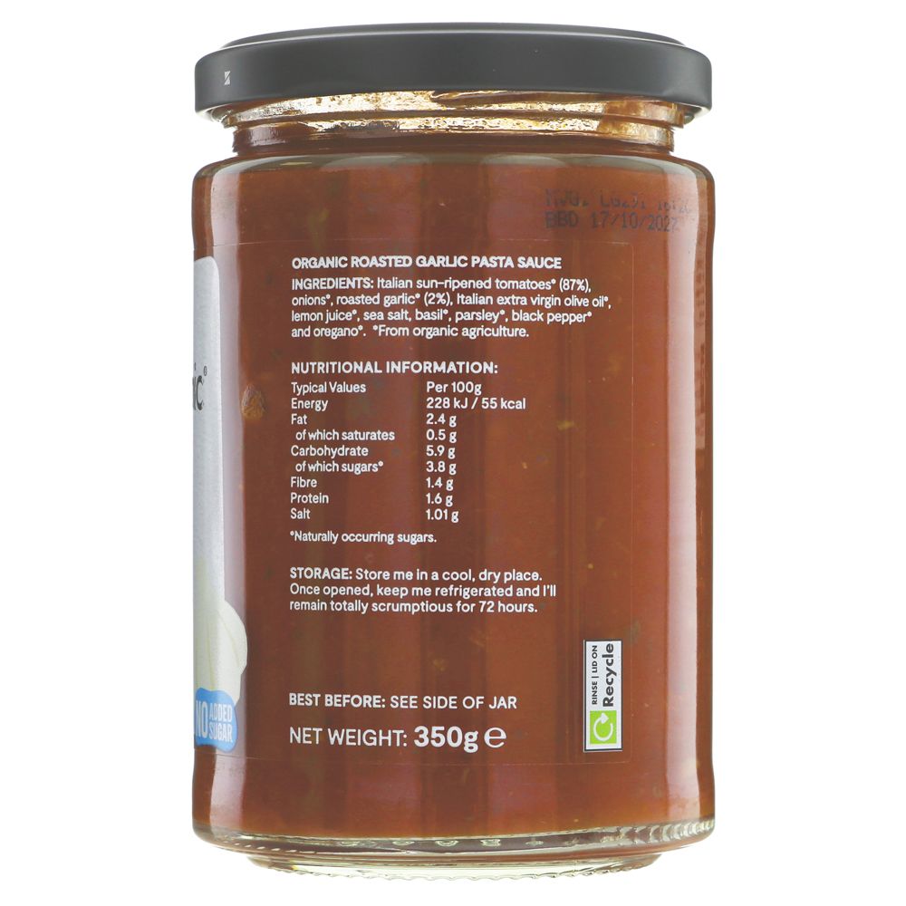 Mr Organic Roasted Garlic No Added Sugar Pasta Sauce 350g side 2 packaging