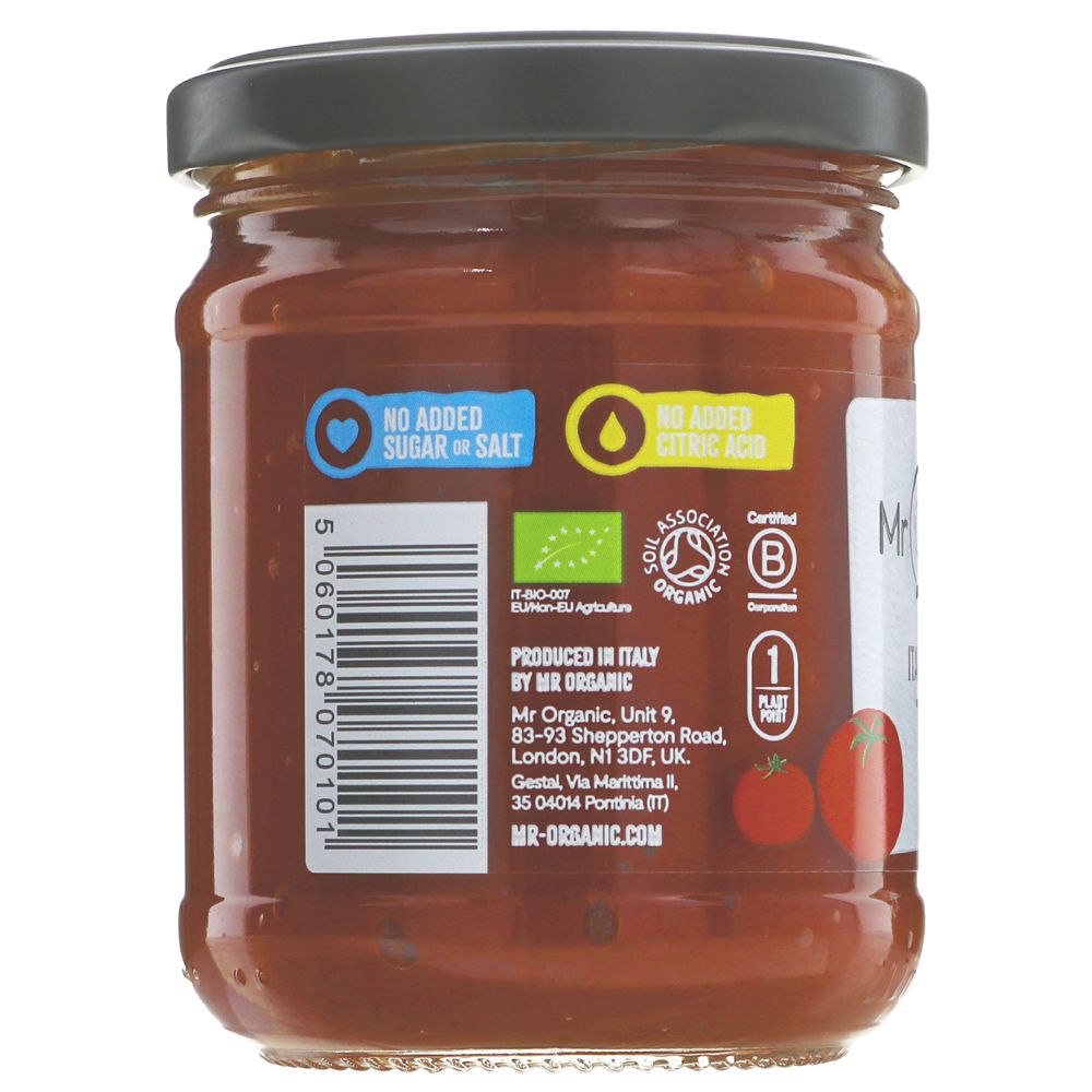 Mr Organic Tomato Puree Jar 200g side 1 packaging