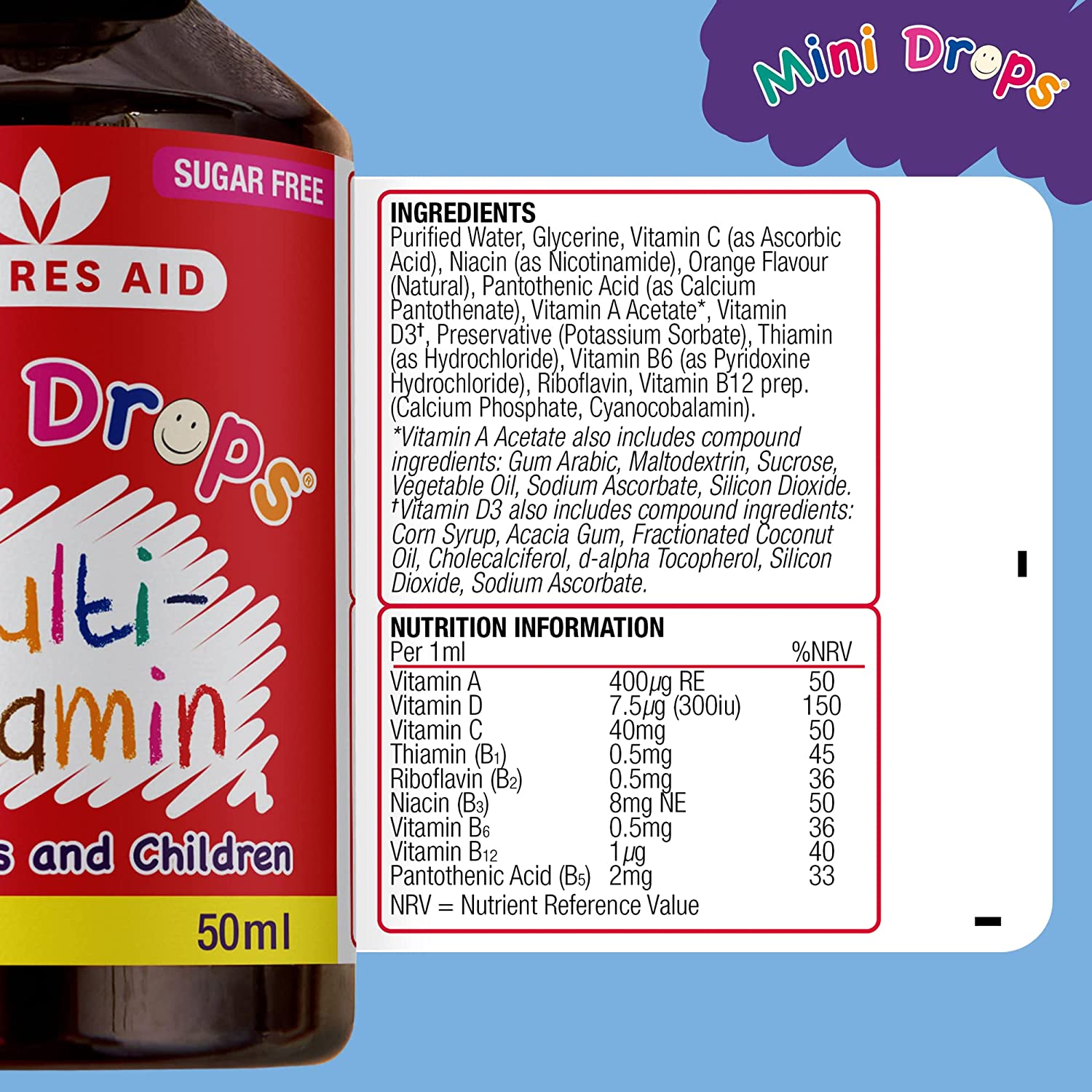 Multi - Vitamin Drops Infants & Children 9 Essential Vitamins Daily Support 50ml - Eco Natural Products - Natures Aid - Vitamins & Supplements