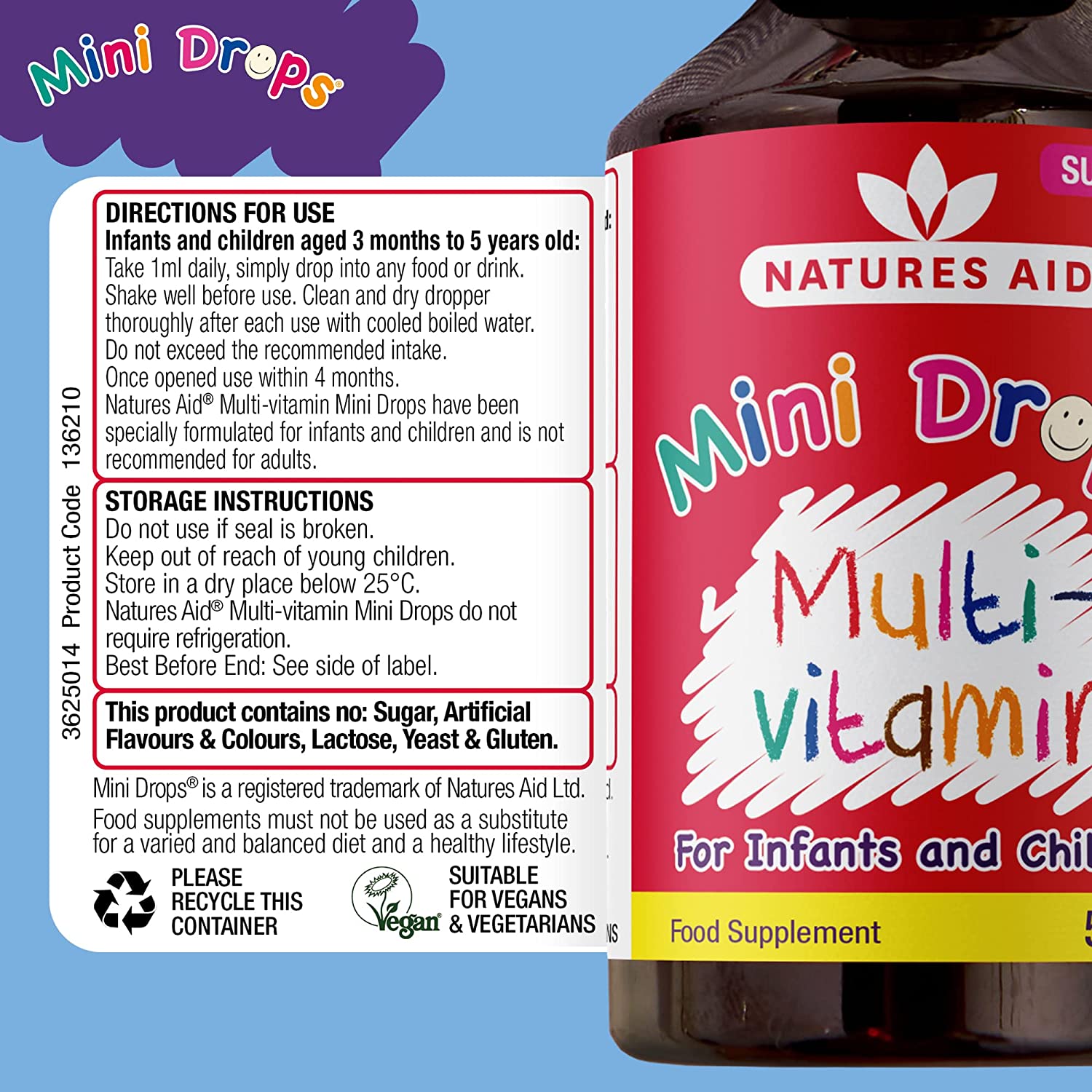 Multi - Vitamin Drops Infants & Children 9 Essential Vitamins Daily Support 50ml - Eco Natural Products - Natures Aid - Vitamins & Supplements