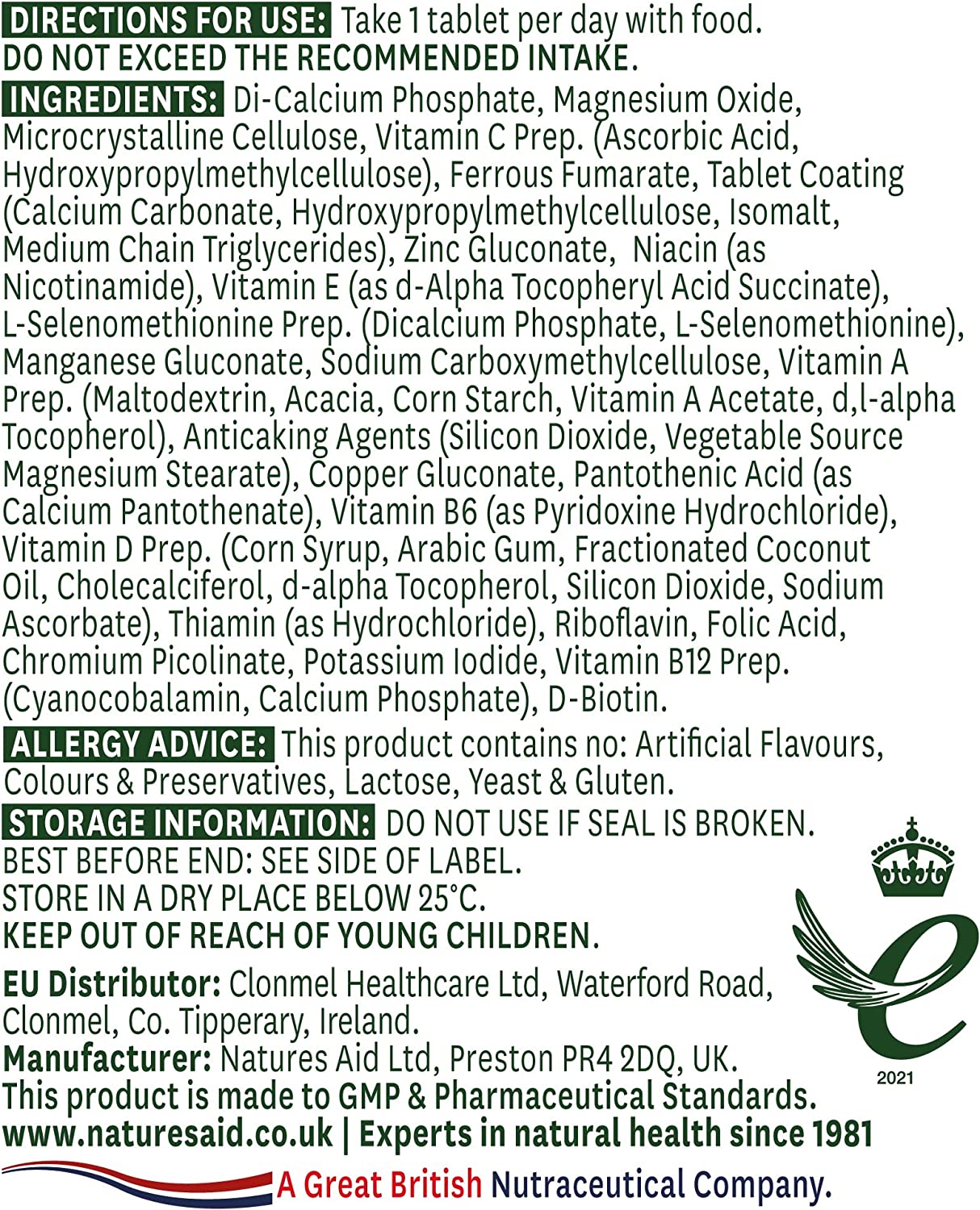 Multi - Vitamins & Minerals Antioxidant Formula 90 Tablets - Eco Natural Products - Natures Aid - Vitamins & Supplements