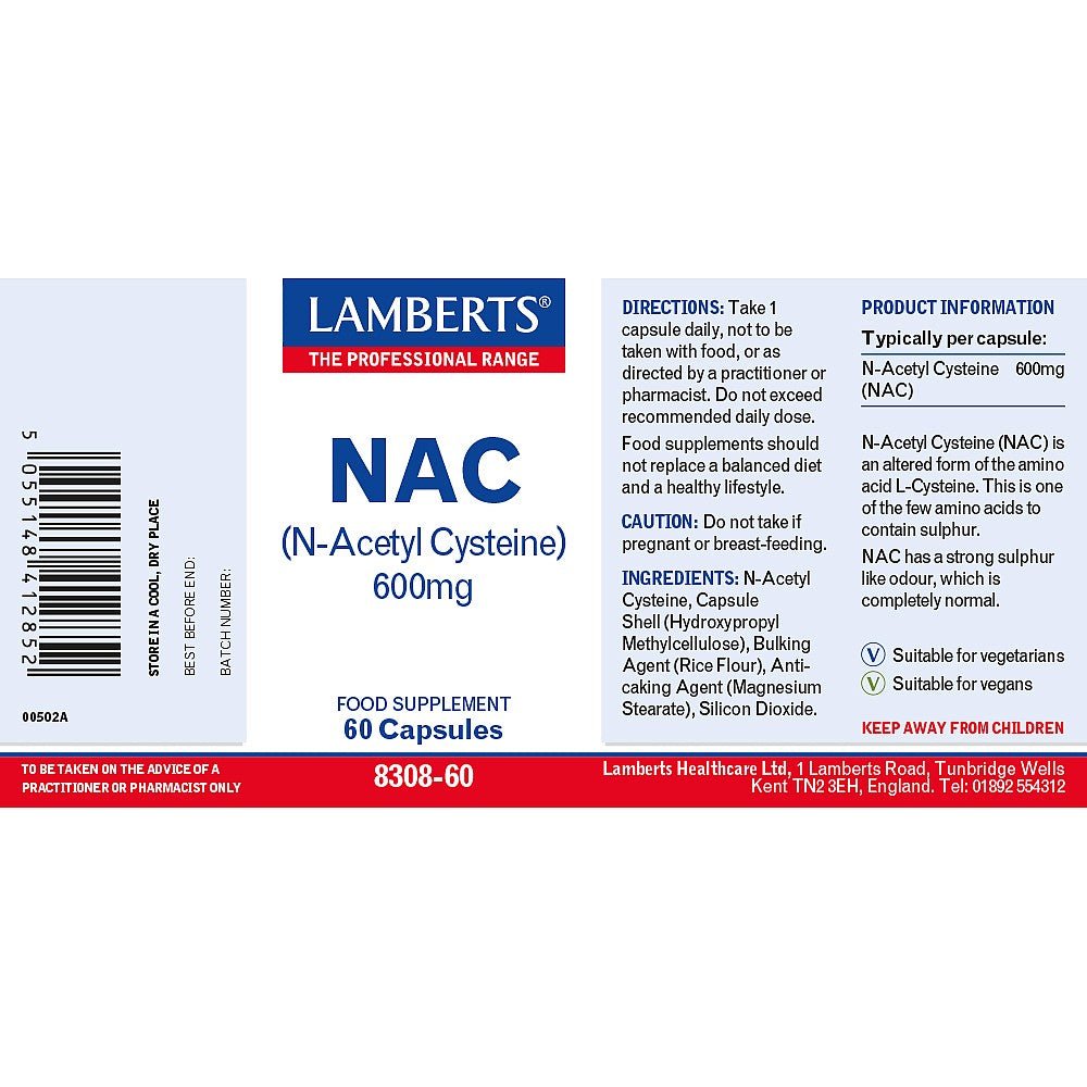 N - Acetyl Cysteine (NAC) 600Mg 60 Capsules - Lamberts - Food Supplement - Eco Natural Products