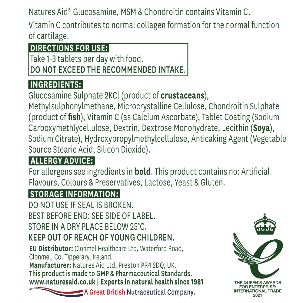 Glucosamine, MSM & Chondroitin label - ingredients, directions and allergy advice