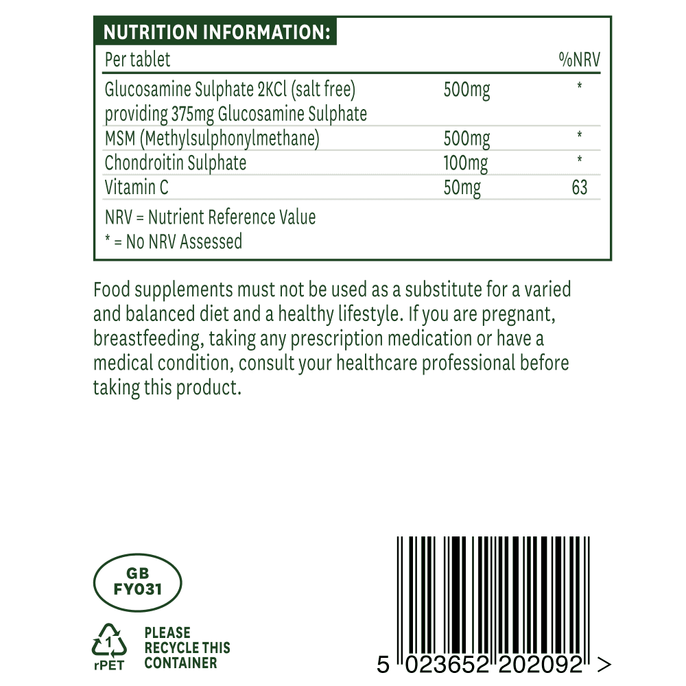 Glucosamine, MSM & Chondroitin nutrition information per tablet