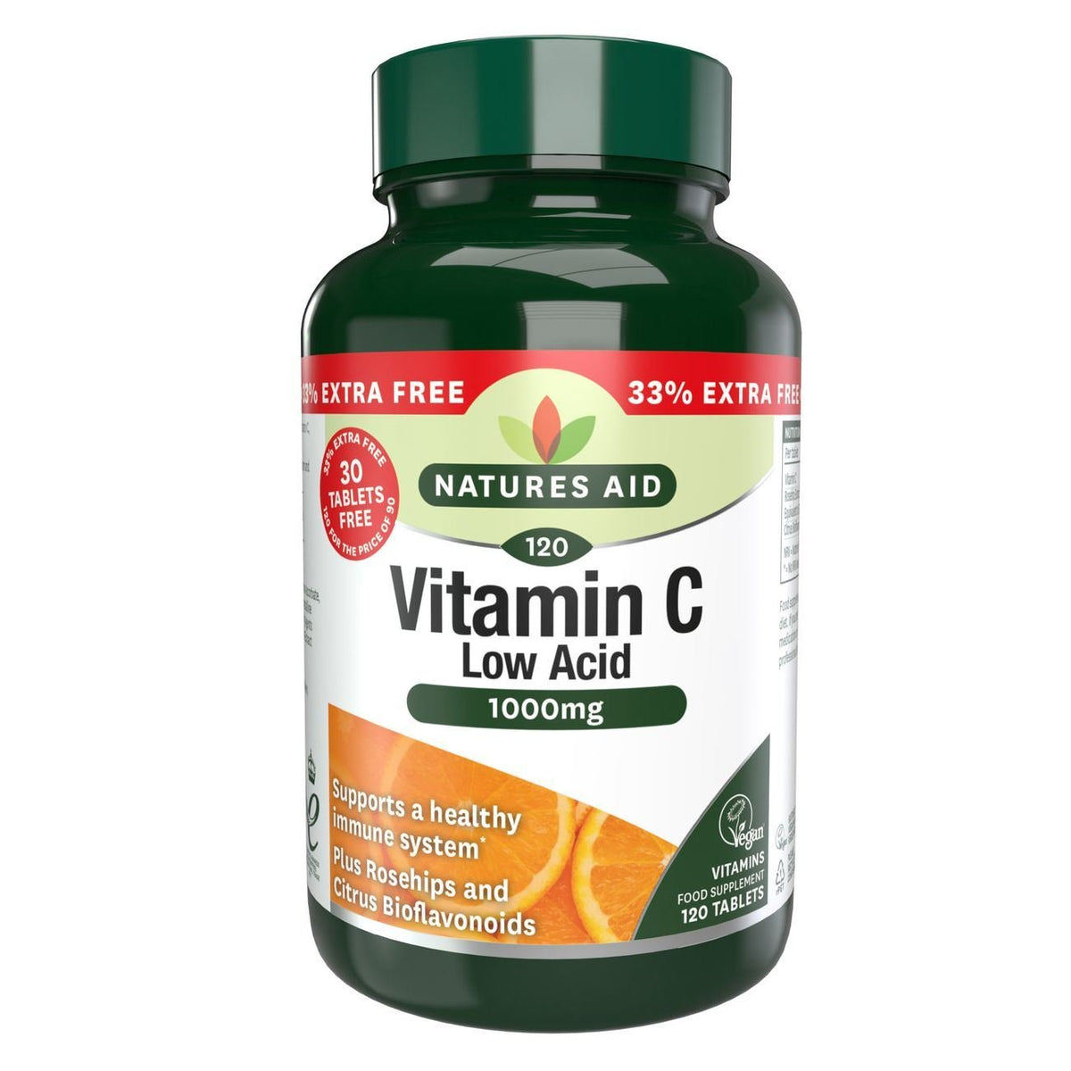 Natures Aid Vitamin C 1000mg Low Acid 120 tablet promotional pack, 90 plus 30 free