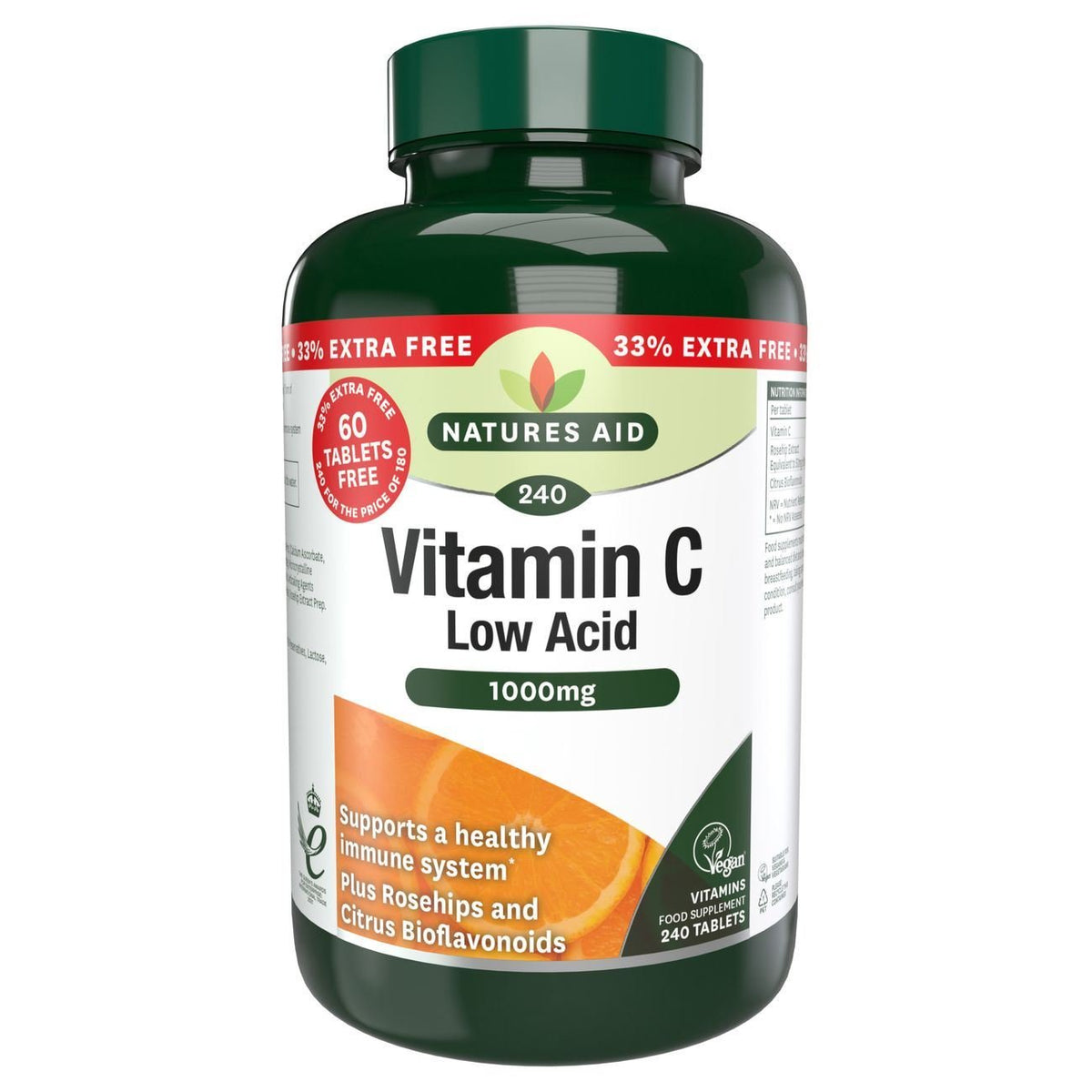 Natures Aid Vitamin C 1000mg Low Acid 240 tablet promotional pack, 180 plus 60 free