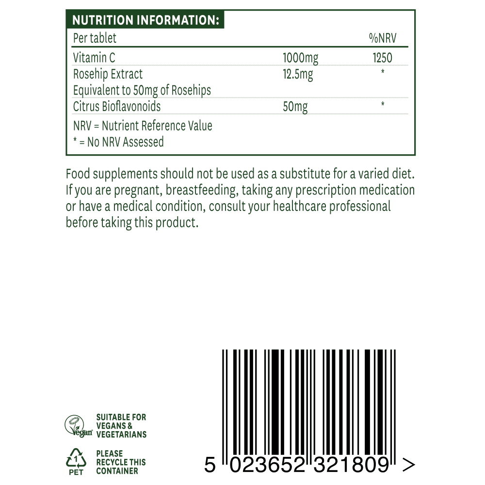 Vitamin C 1000mg Low Acid nutrition information panel - vitamin C 1000mg, rosehip extract 12.5mg, citrus bioflavonoids 50mg