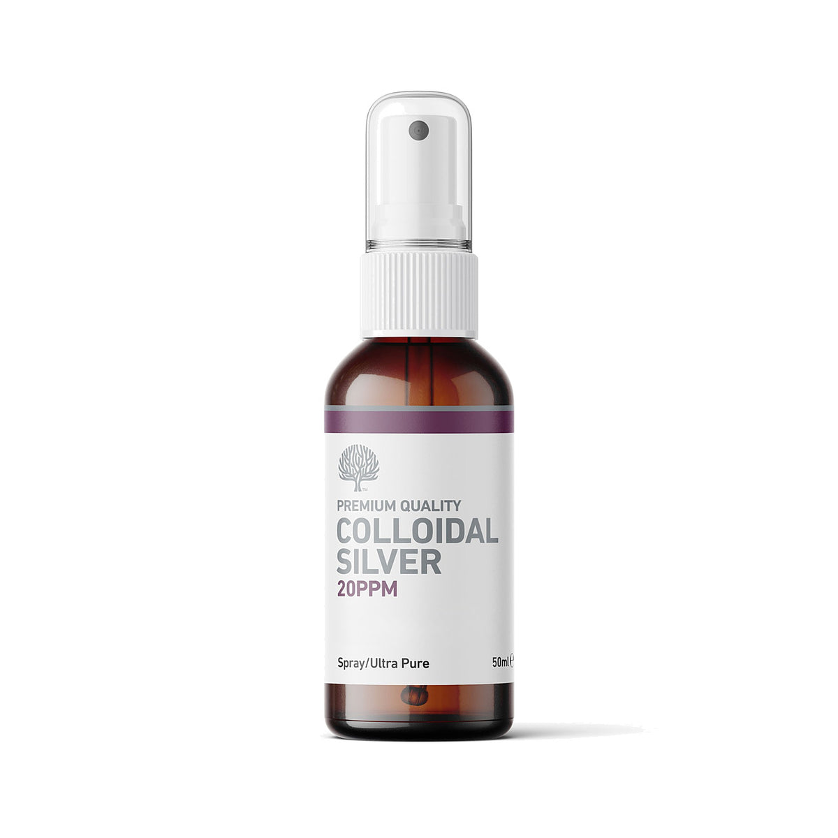 Nature's Greatest Secret Colloidal Silver 20ppm Spray 50ml amber glass bottle, front of pack