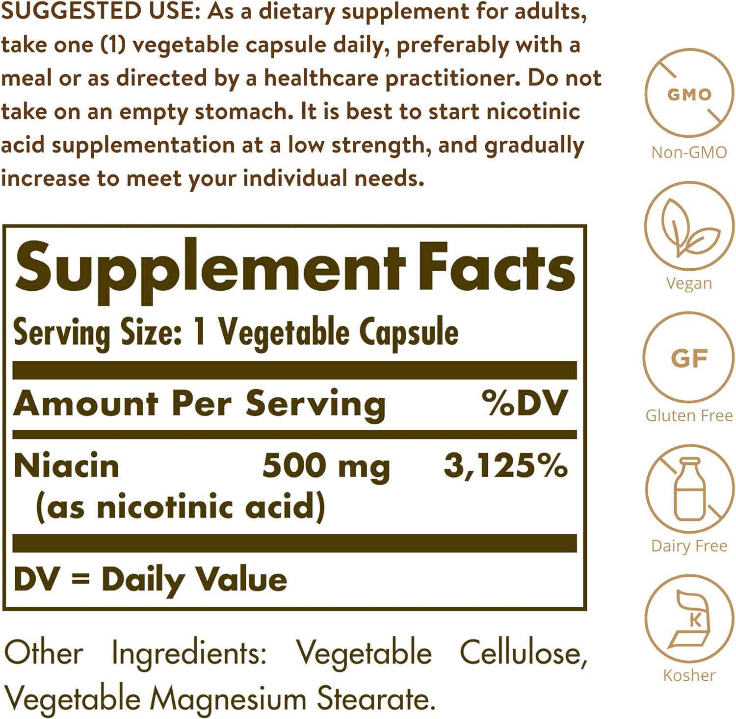 Niacin (Vitamin B3) 500 mg - 100 Vegetable Capsules - Eco Natural Products - Solgar - Vitamins