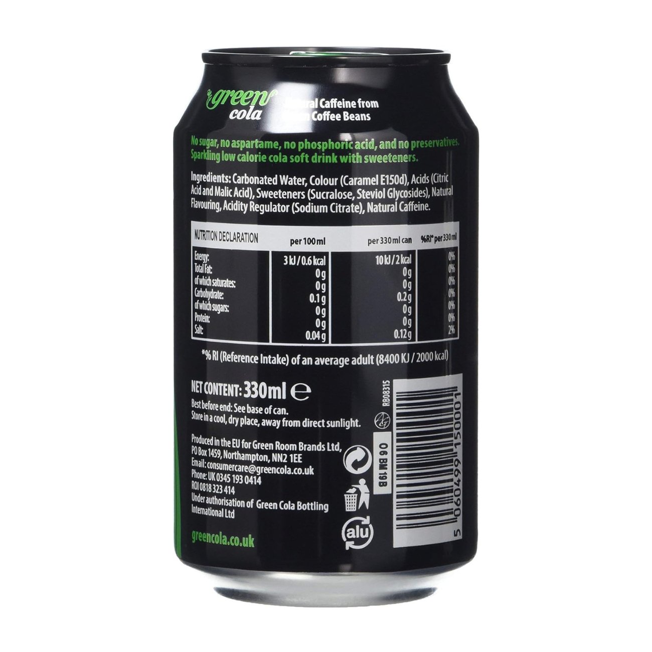 No Calorie Cola Can 330ml - Green Cola - Carbonated Drink - Eco Natural Products