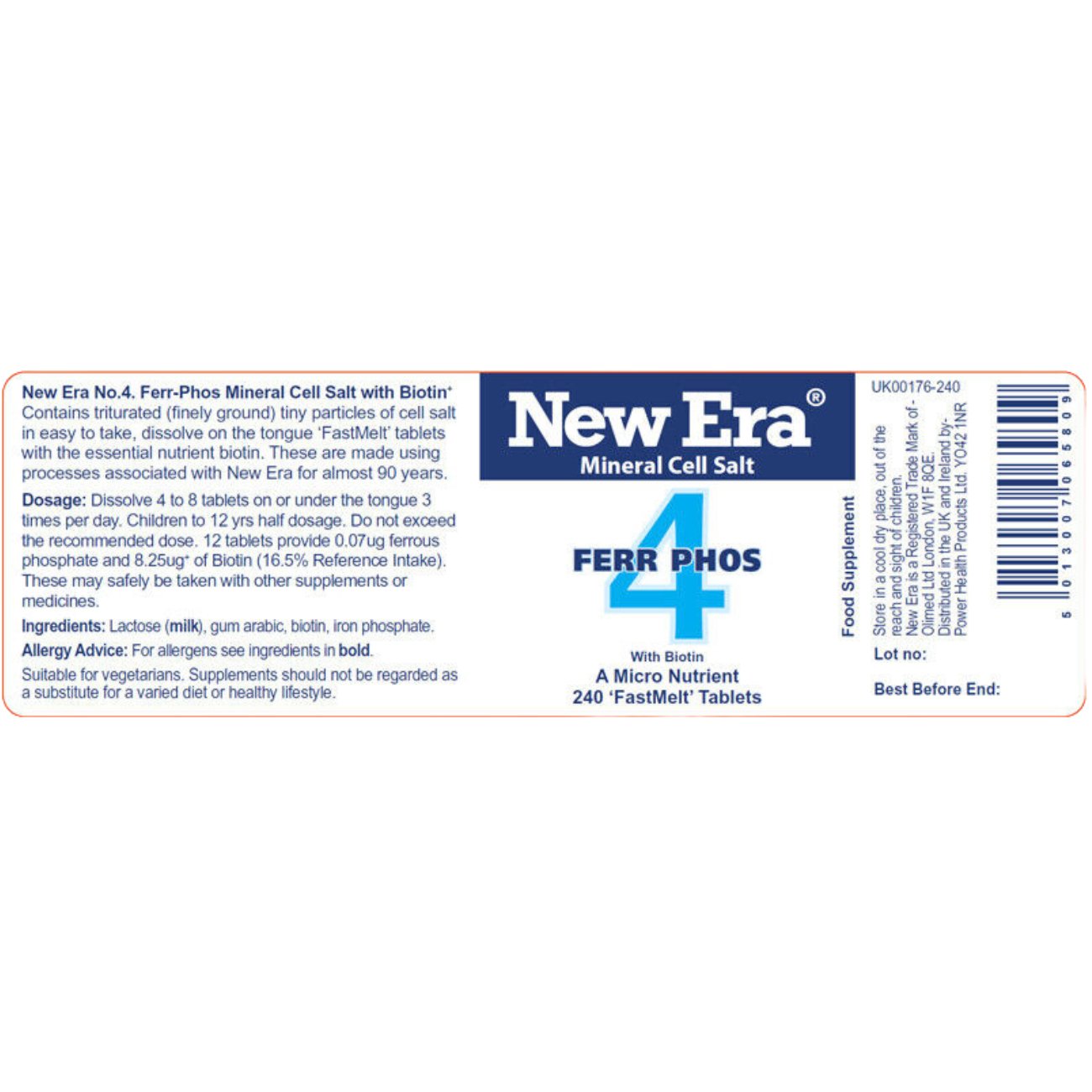 No.4 Ferr. Phos. 240 Tablets - New Era - Food Supplement - Eco Natural Products