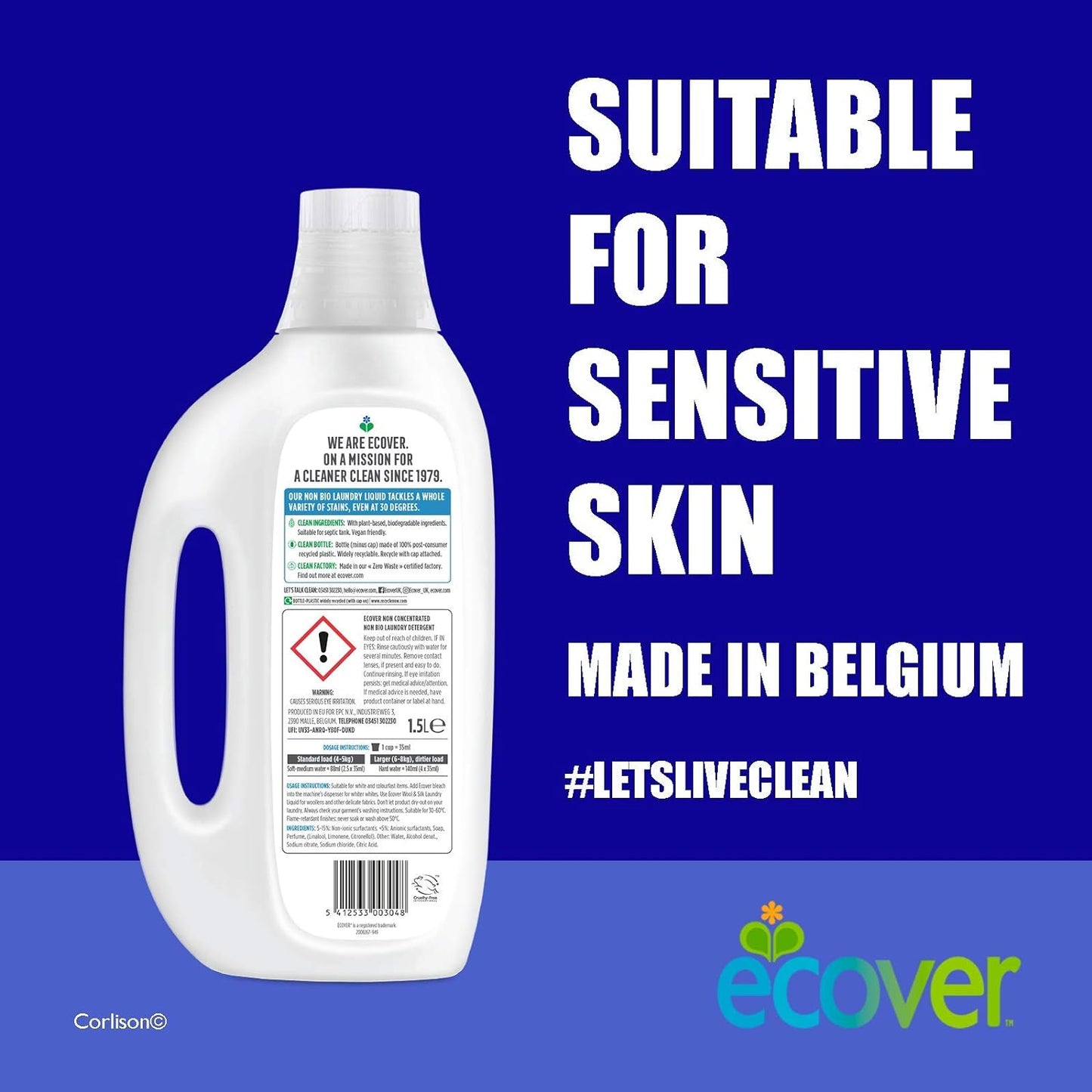 Non - Bio Liquid Gentle Fragrance Laundry Liquid 50 Washes 5L - Ecover - Laundry Liquid - Eco Natural Products