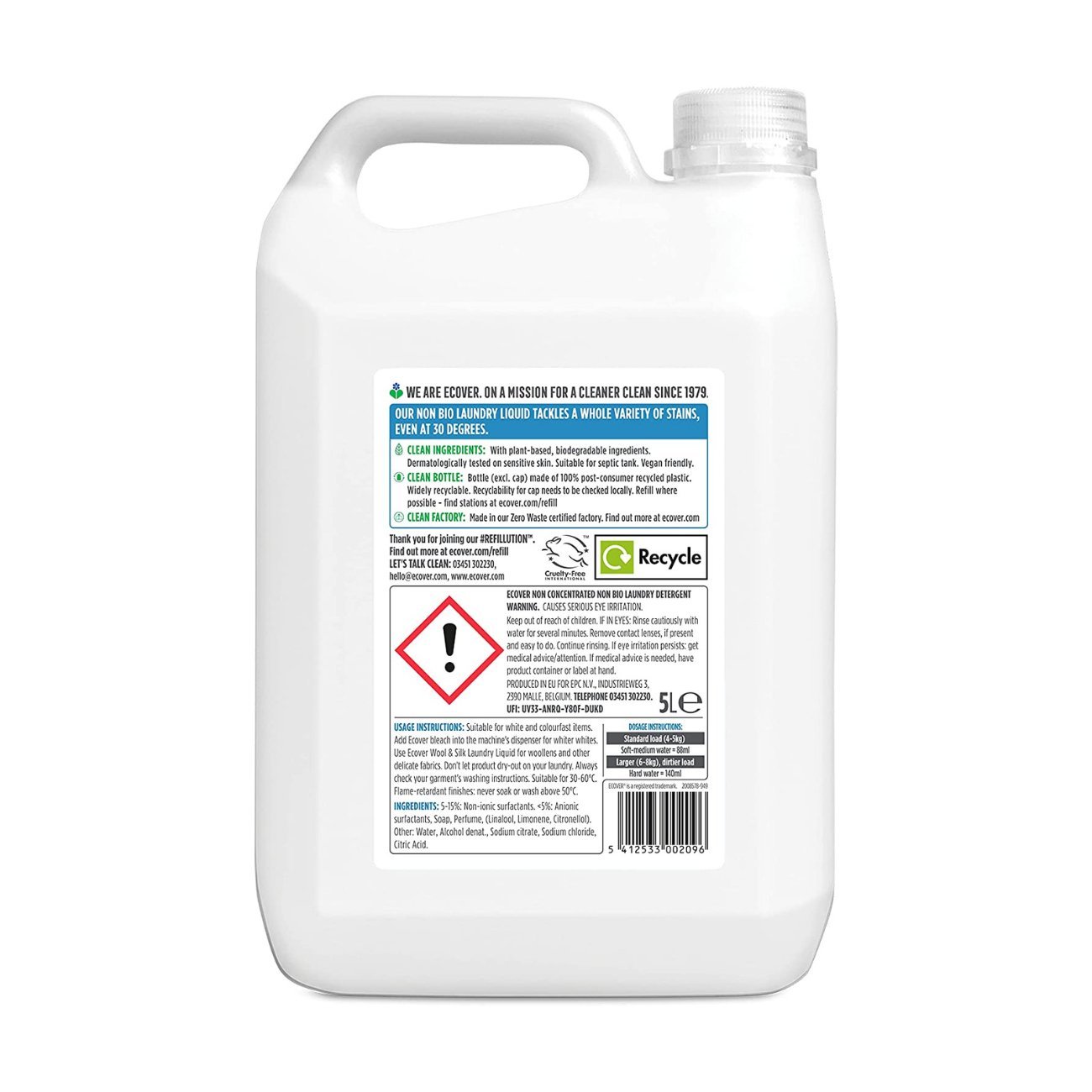 Non - Bio Liquid Gentle Fragrance Laundry Liquid 50 Washes 5L - Eco Natural Products - Ecover - Laundry Liquid