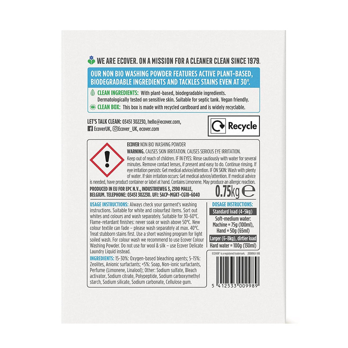 Non - Bio Washing Powder 750g - Ecover - Washing Powder - Eco Natural Products