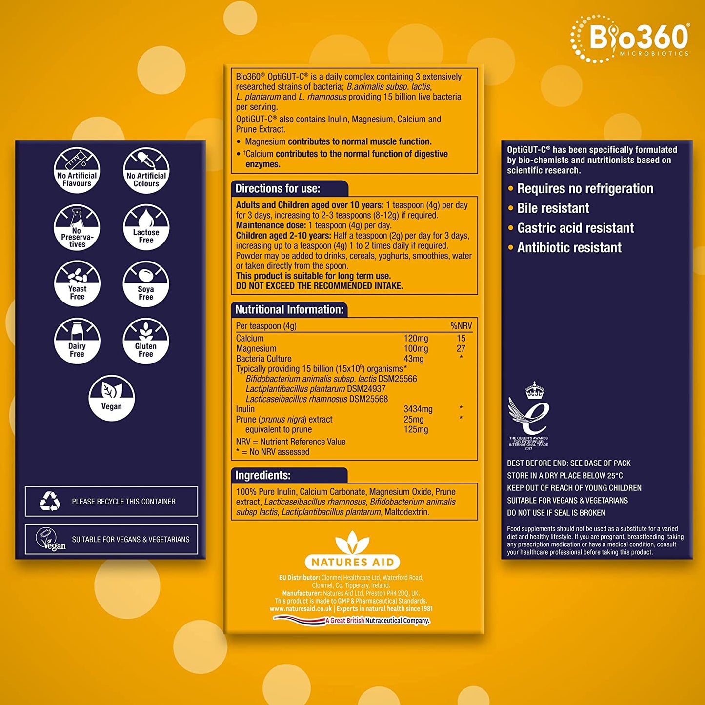 NutriGUT - C Probiotics 15 Billion Bacteria with FOS & Magnesium 120g - Natures Aid - Vitamins & Supplements - Eco Natural Products