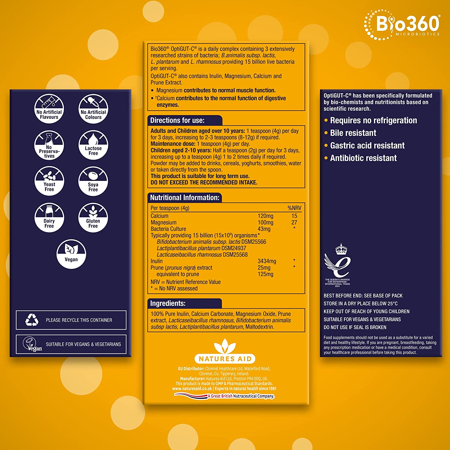 NutriGUT - C Probiotics 15 Billion Bacteria with FOS & Magnesium 120g - Natures Aid - Vitamins & Supplements - Eco Natural Products