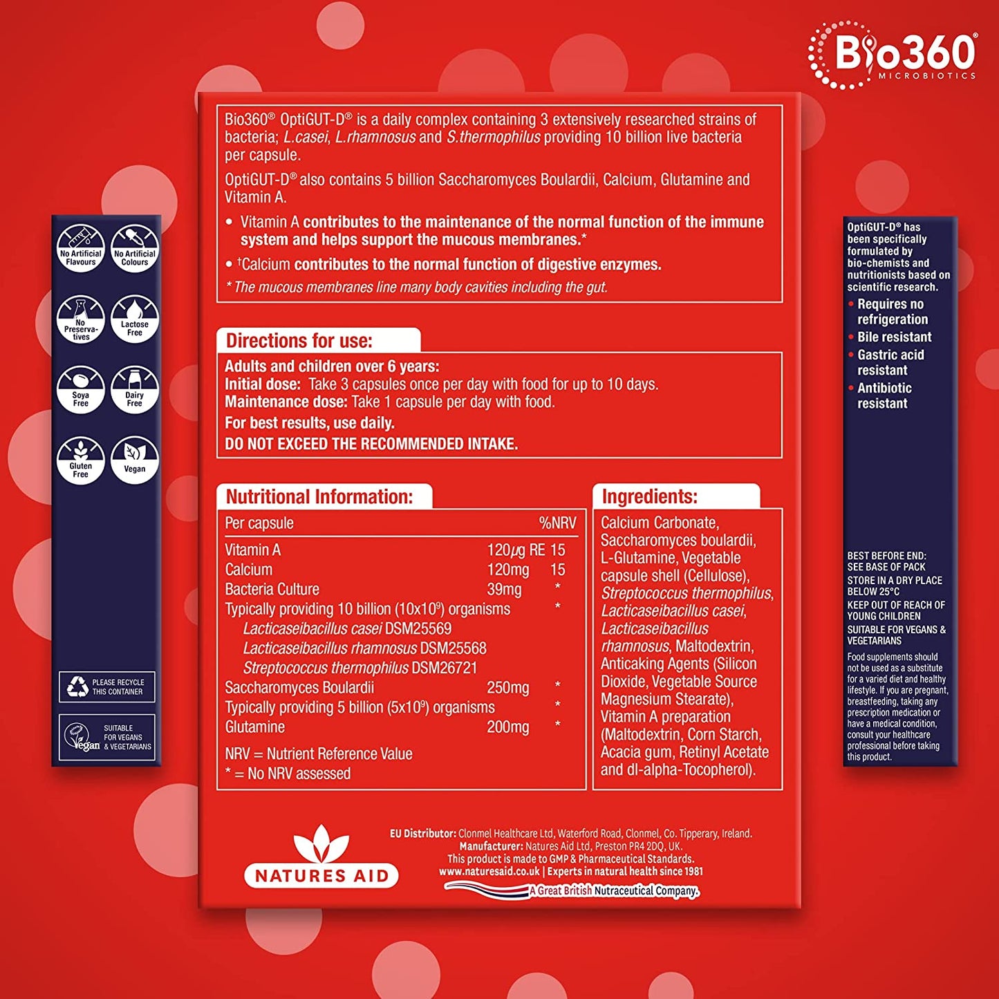 NutriGUT - D Probiotics 10 Billion Bacteria Saccharomyces Boulardii 30 Capsules - Natures Aid - Vitamins & Supplements - Eco Natural Products