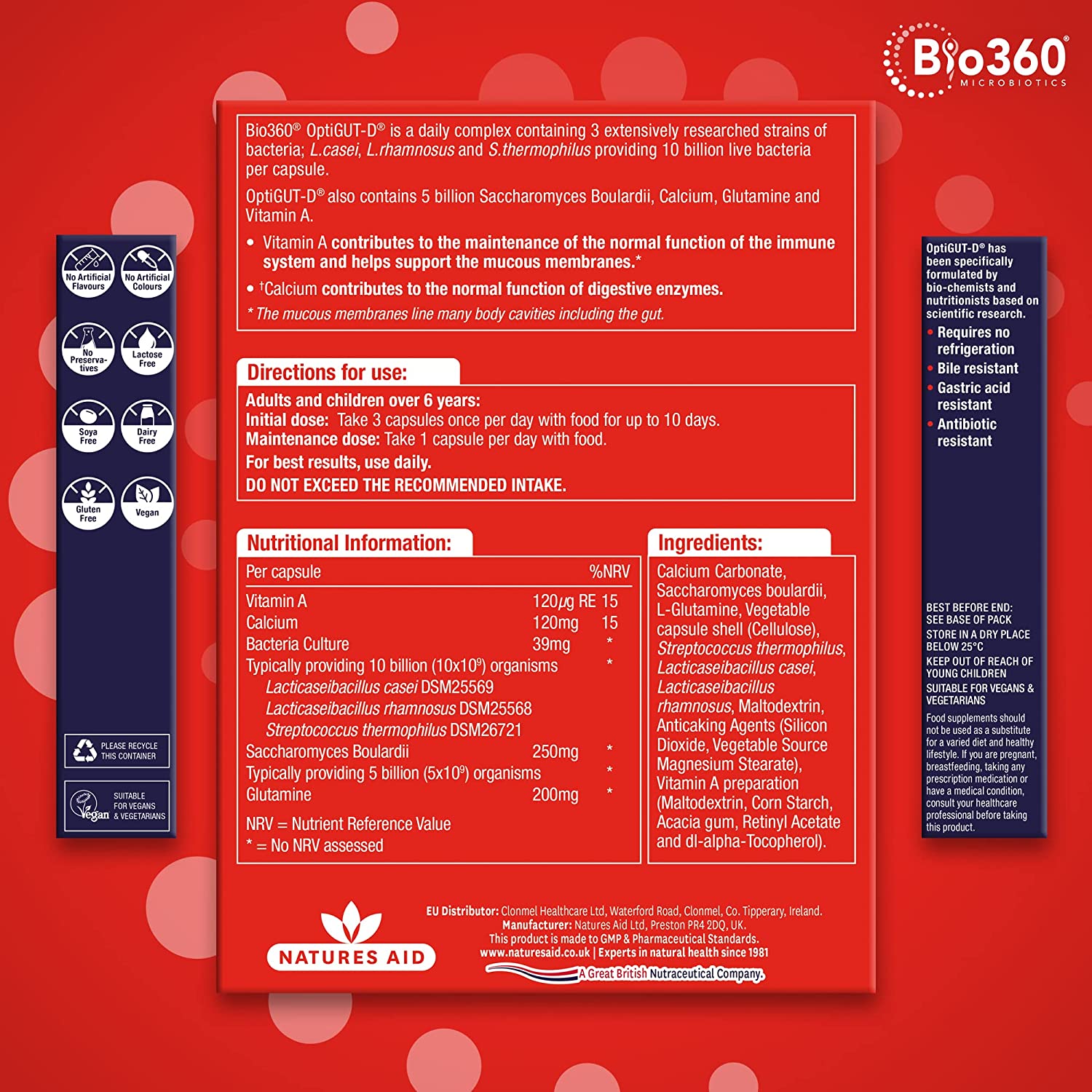 NutriGUT - D Probiotics 10 Billion Bacteria Saccharomyces Boulardii 30 Capsules - Natures Aid - Vitamins & Supplements - Eco Natural Products