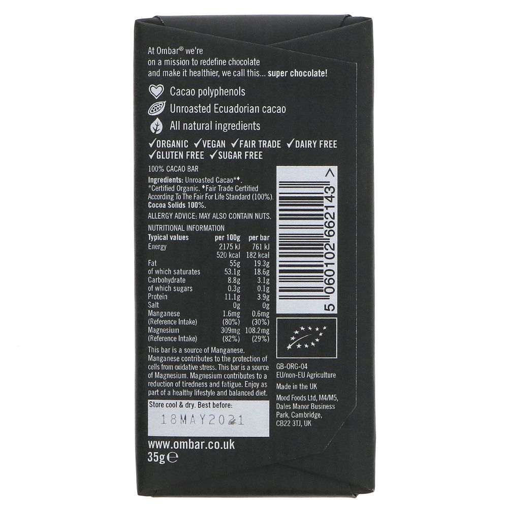 100% Cacao Chocolate Bar 35g