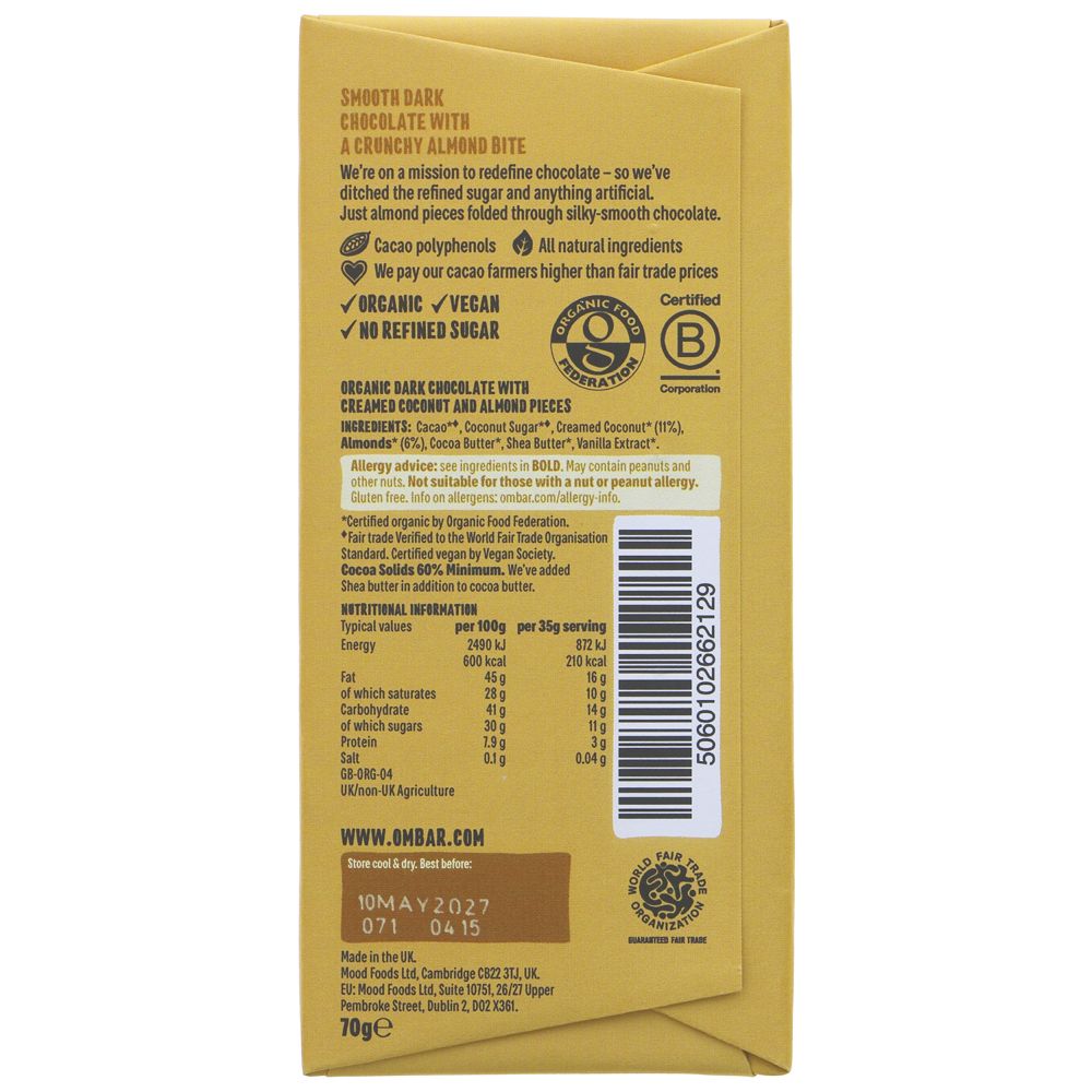 Ombar Coco Almond 60% Cacao Chocolate Bar 70g back packaging
