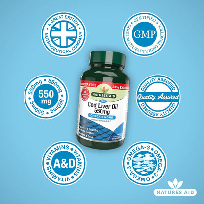 Omega - 3 Cod Liver Oil 550mg 120 Softgels - Natures Aid - Vitamins & Supplements - Eco Natural Products