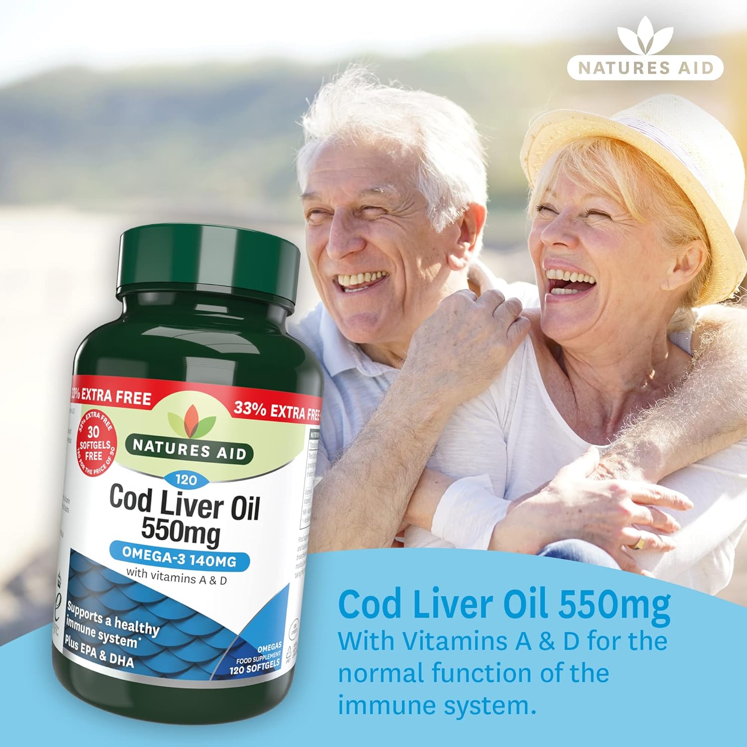 Omega - 3 Cod Liver Oil 550mg 120 Softgels - Eco Natural Products - Natures Aid - Vitamins & Supplements