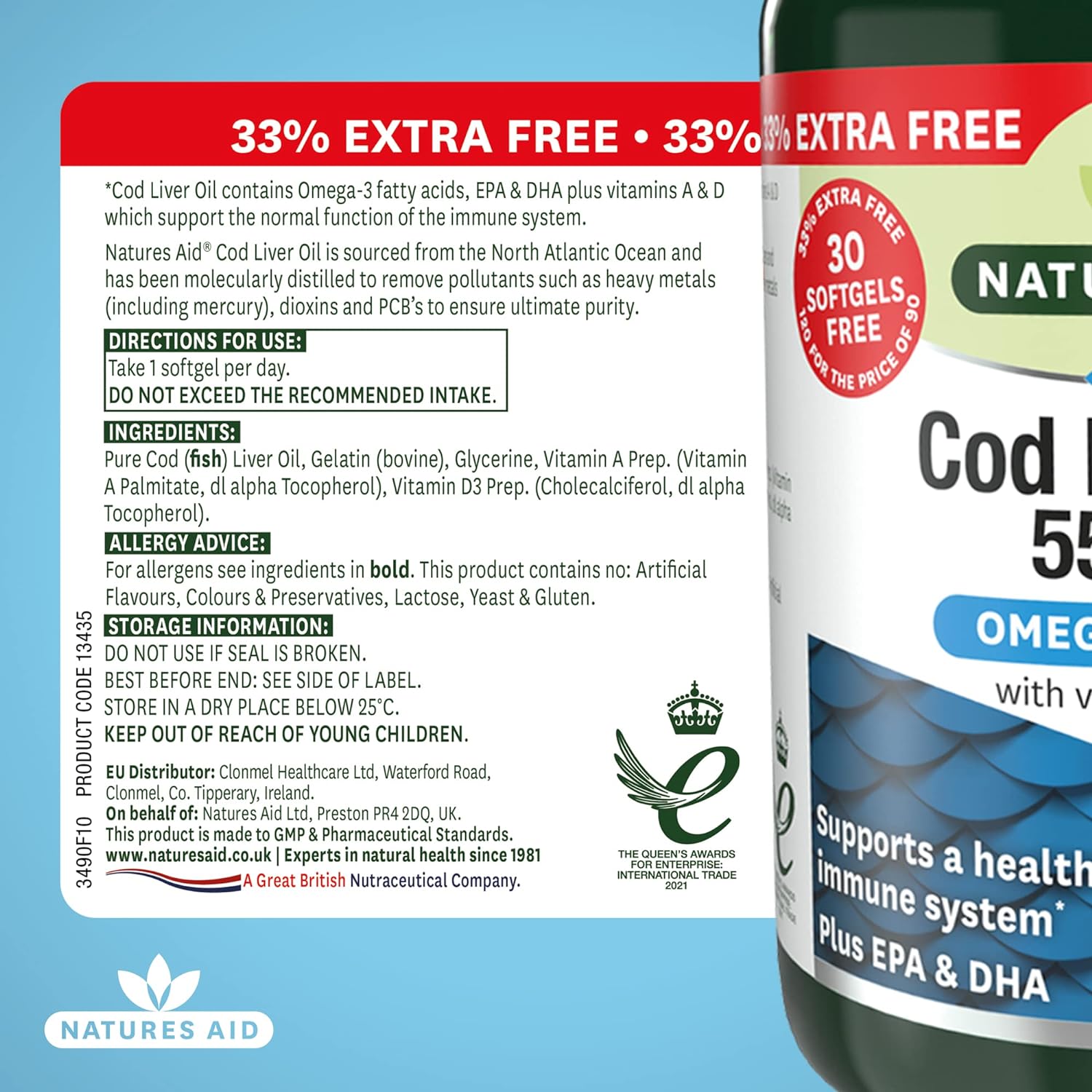 Omega - 3 Cod Liver Oil 550mg 120 Softgels - Eco Natural Products - Natures Aid - Vitamins & Supplements