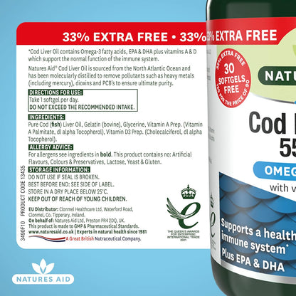 Omega - 3 Cod Liver Oil 550mg 120 Softgels - Natures Aid - Vitamins & Supplements - Eco Natural Products