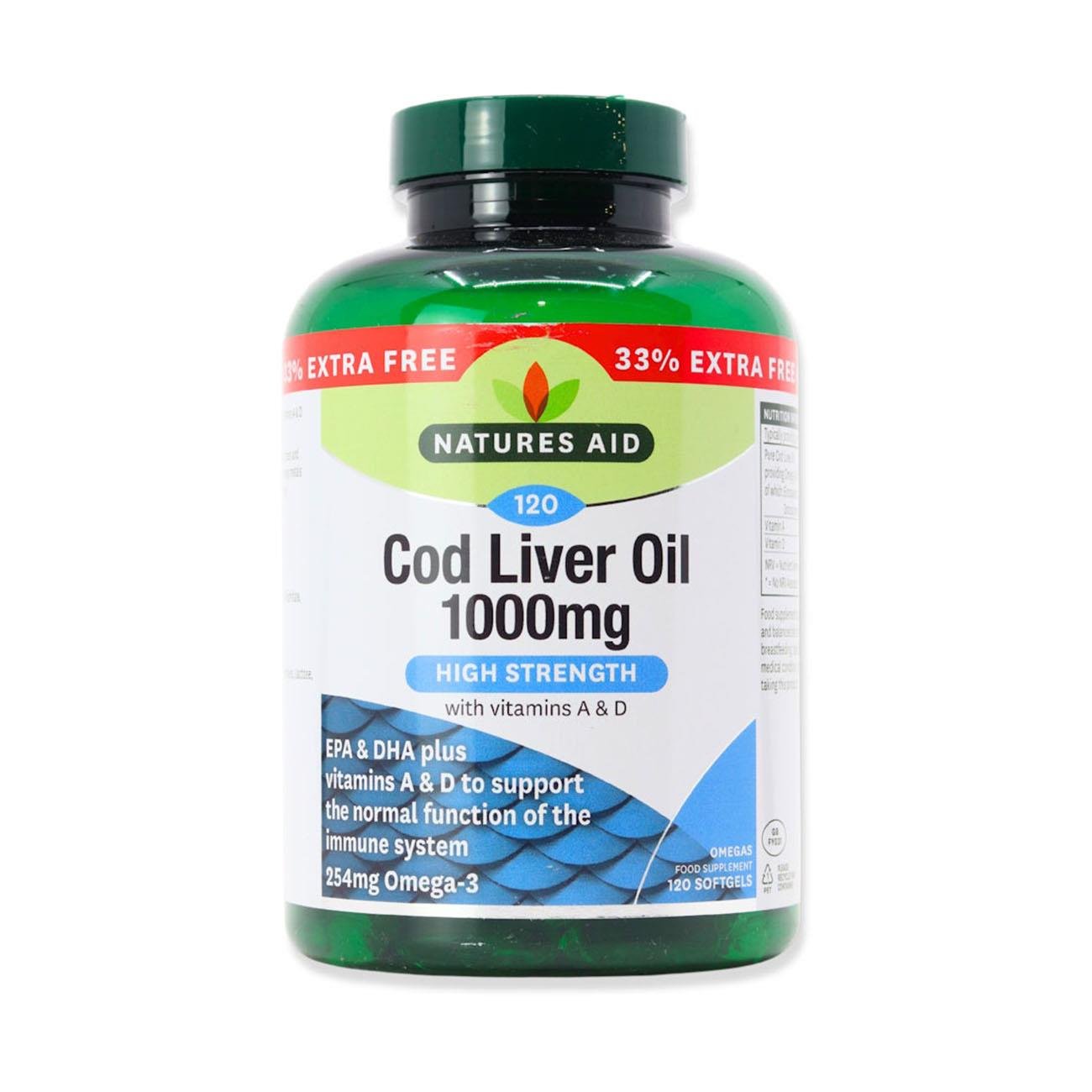 Omega - 3 Cod Liver Oil (High Strength) 1000mg 120 Softgels - Natures Aid - Natures Aid