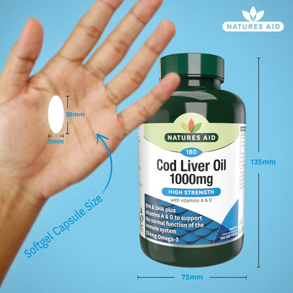 Omega - 3 Cod Liver Oil (High Strength) 1000mg 180 Softgels - Natures Aid - Vitamins & Supplements - Eco Natural Products