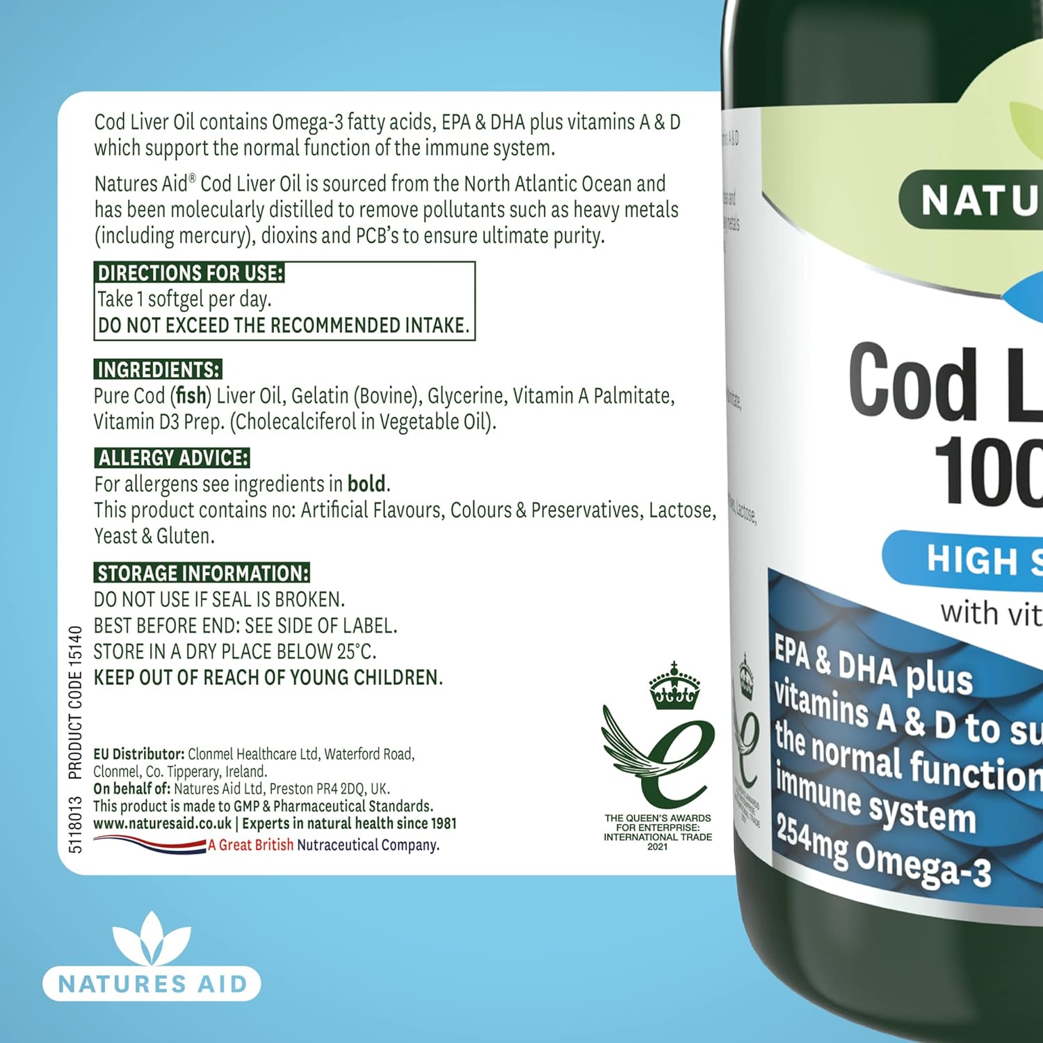 Omega - 3 Cod Liver Oil (High Strength) 1000mg 180 Softgels - Natures Aid - Vitamins & Supplements - Eco Natural Products