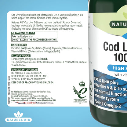 Omega - 3 Cod Liver Oil (High Strength) 1000mg 180 Softgels - Natures Aid - Vitamins & Supplements - Eco Natural Products