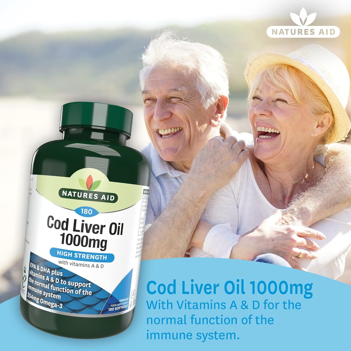 Omega - 3 Cod Liver Oil (High Strength) 1000mg 180 Softgels - Natures Aid - Vitamins & Supplements - Eco Natural Products