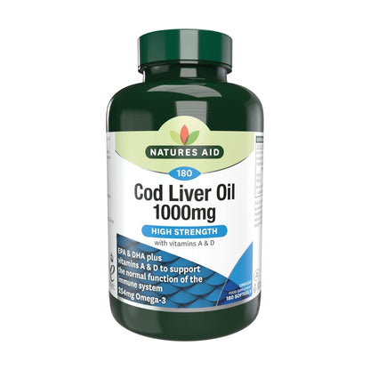 Omega - 3 Cod Liver Oil (High Strength) 1000mg 180 Softgels - Natures Aid - Vitamins & Supplements - Eco Natural Products