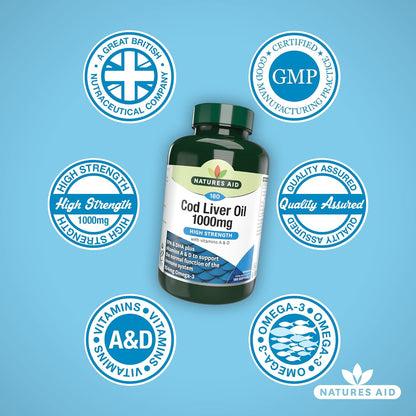 Omega - 3 Cod Liver Oil (High Strength) 1000mg 180 Softgels - Natures Aid - Vitamins & Supplements - Eco Natural Products