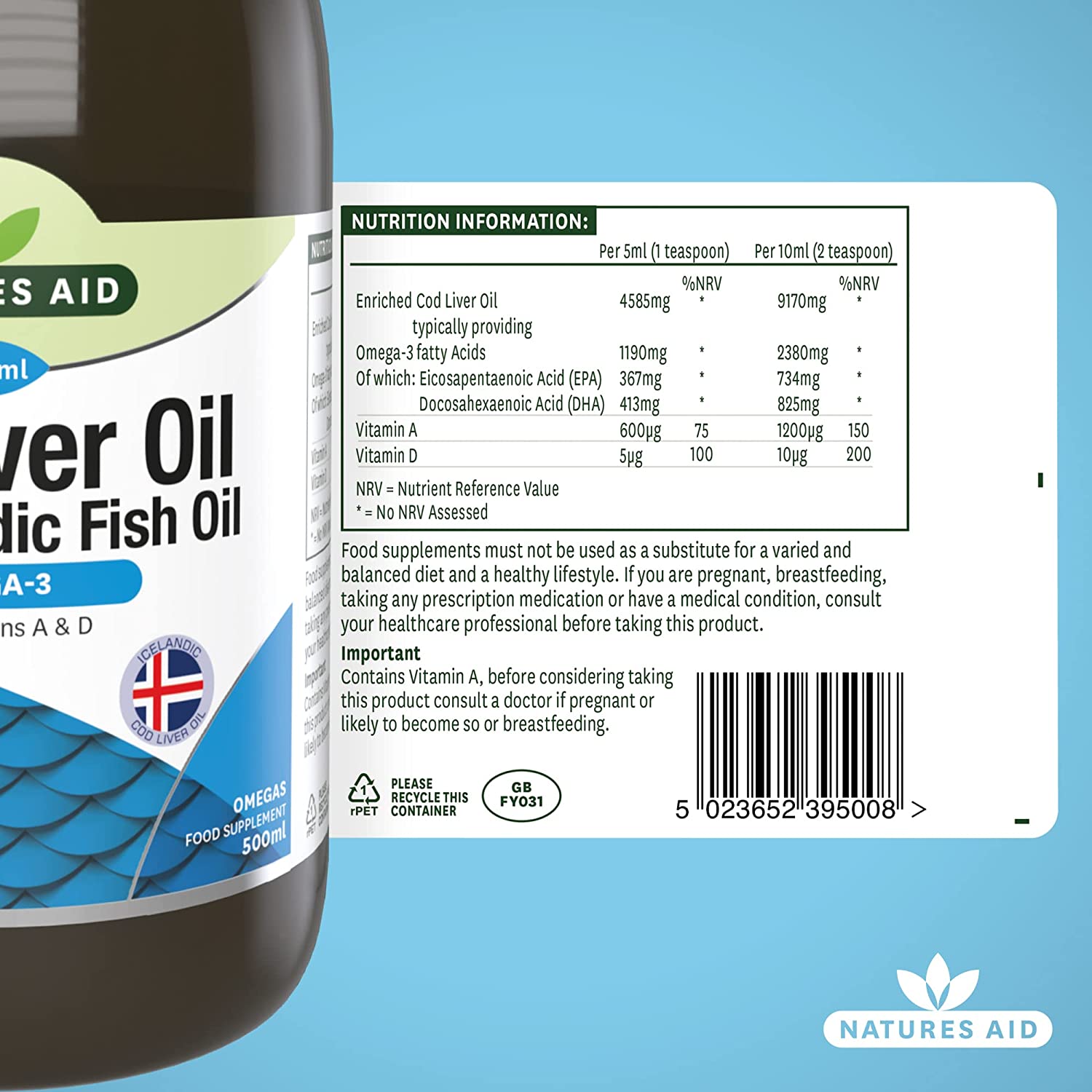 Omega - 3 Cod Liver Oil Liquid 500ml - Eco Natural Products - Natures Aid - Vitamins & Supplements