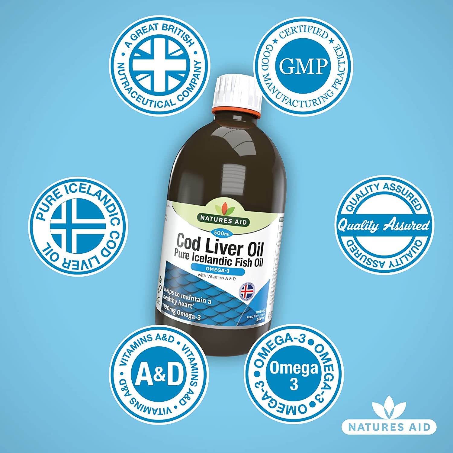 Omega - 3 Cod Liver Oil Liquid 500ml - Eco Natural Products - Natures Aid - Vitamins & Supplements