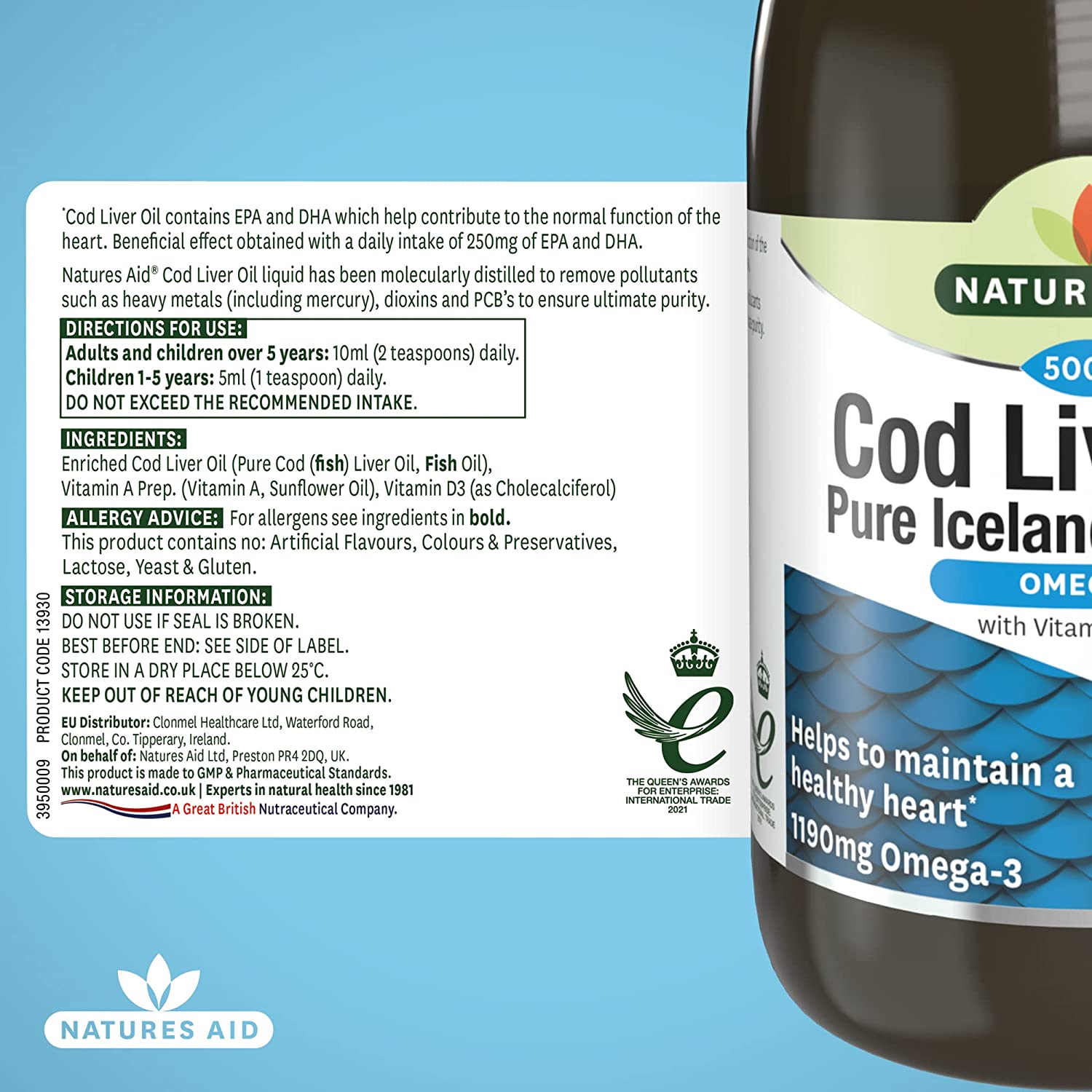 Omega - 3 Cod Liver Oil Liquid 500ml - Eco Natural Products - Natures Aid - Vitamins & Supplements