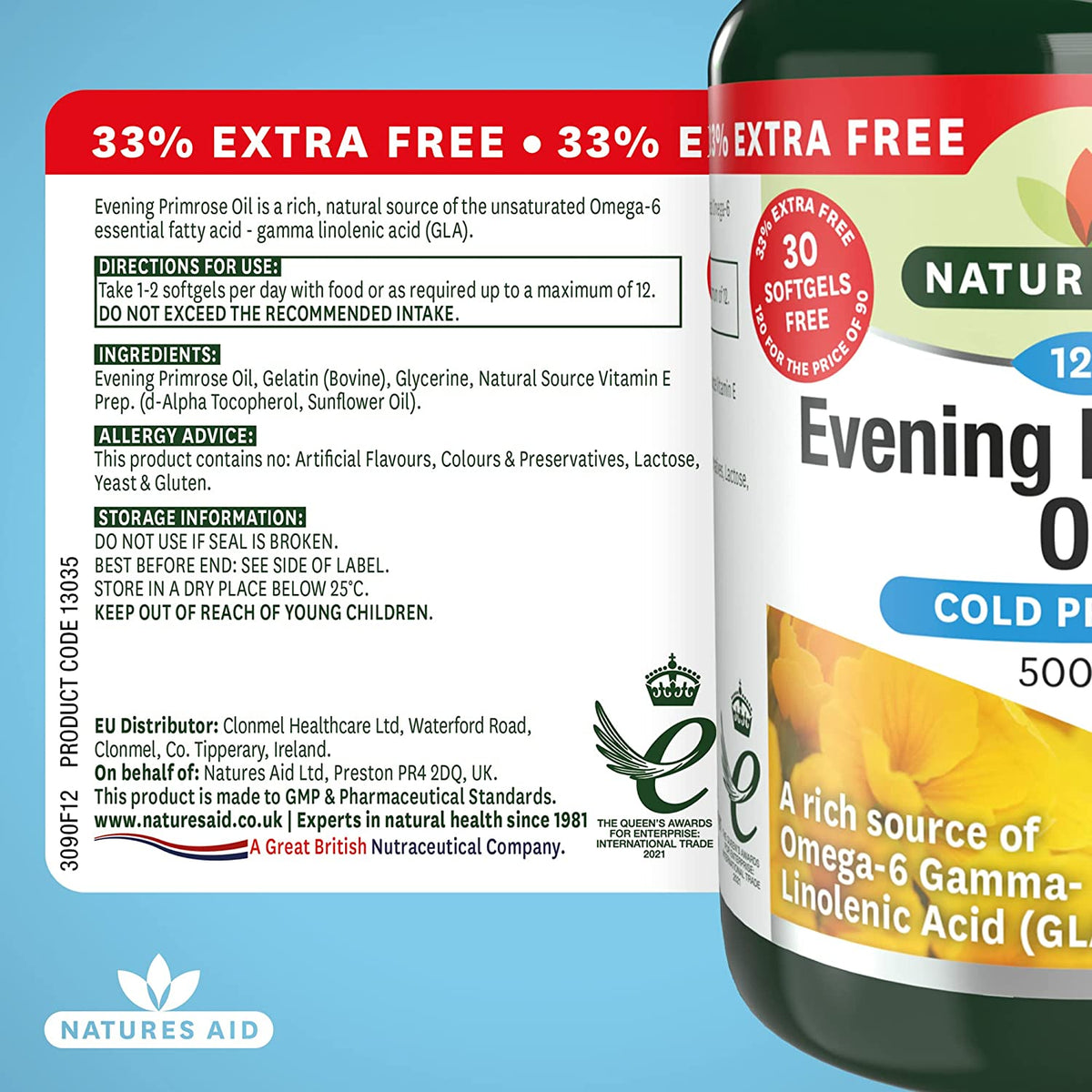 Omega 6 Evening Primrose Oil 500mg 120 Softgels - Natures Aid - Vitamins & Supplements - Eco Natural Products