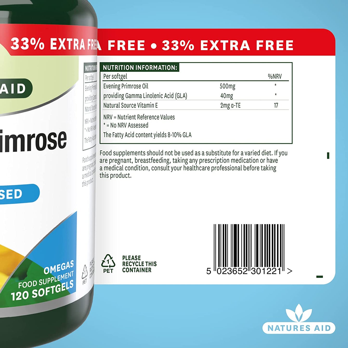 Omega 6 Evening Primrose Oil 500mg 120 Softgels - Natures Aid - Vitamins & Supplements - Eco Natural Products