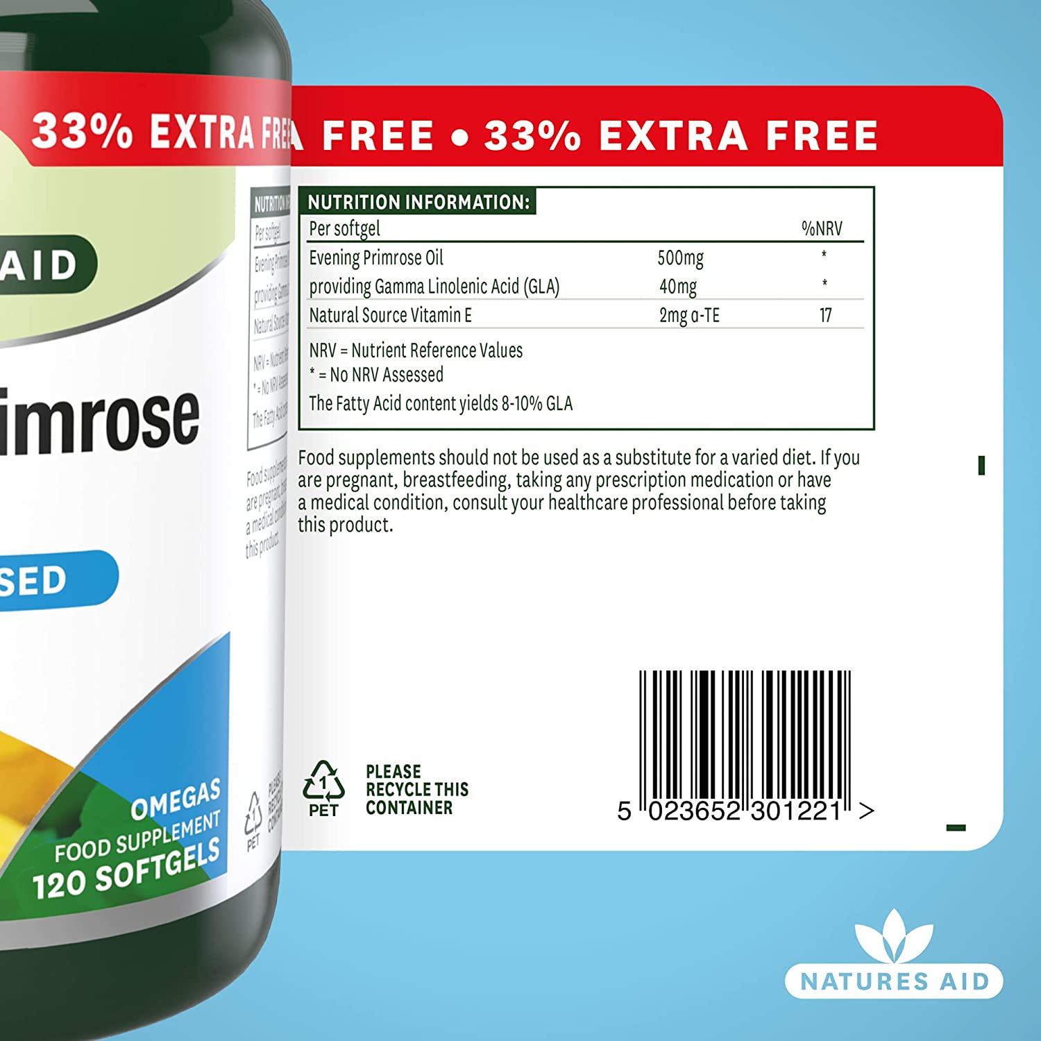 Omega 6 Evening Primrose Oil 500mg 120 Softgels - Natures Aid - Vitamins & Supplements - Eco Natural Products